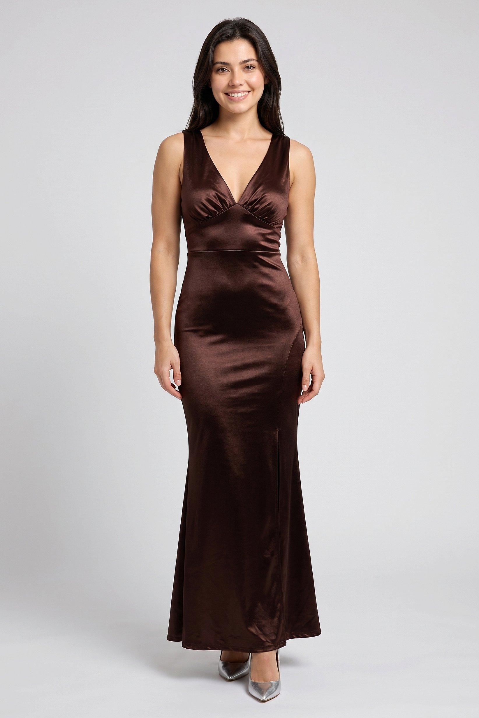Women Junior Royale Satin Solid Maxi Dress,  Chocolate Brown