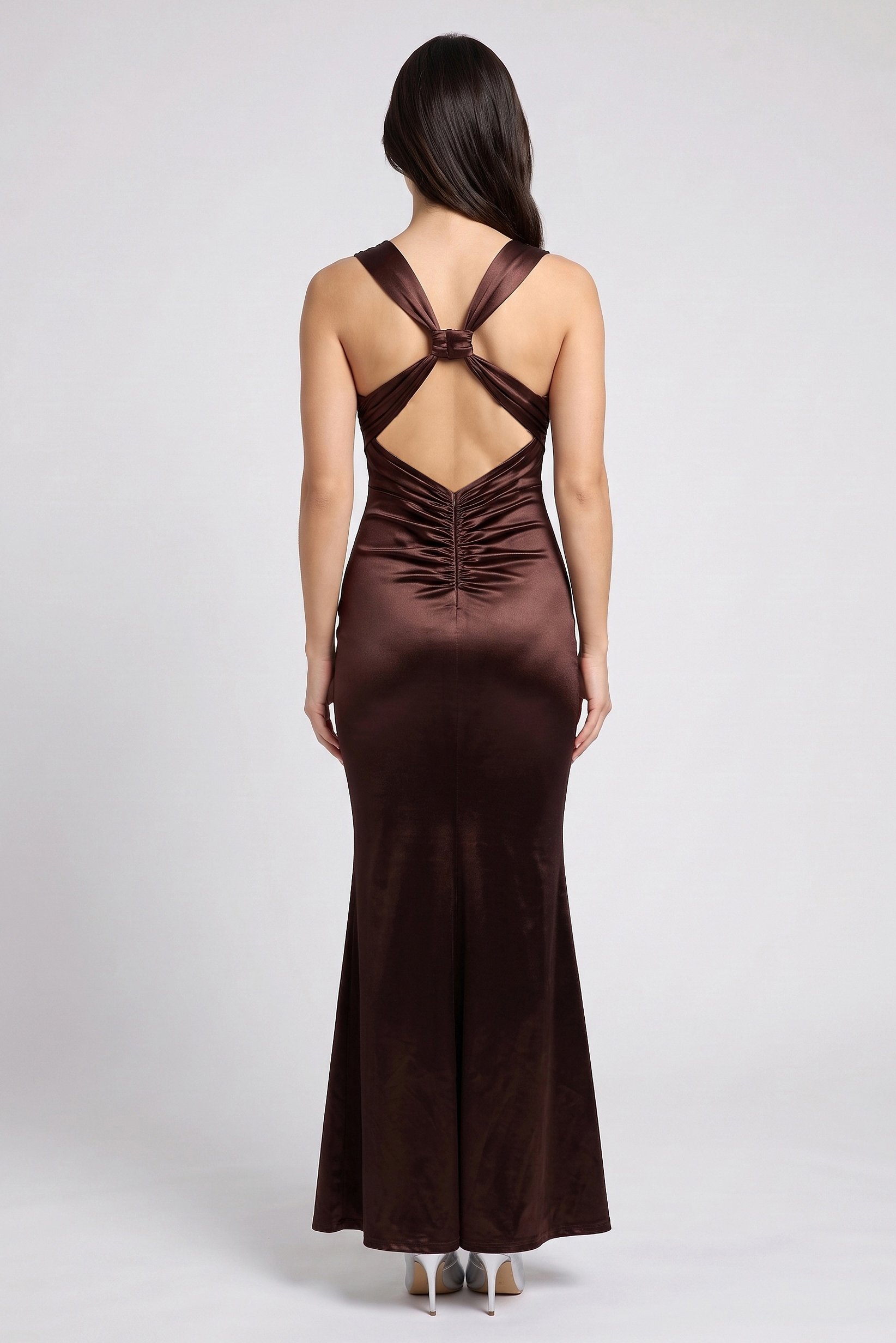 Women Junior Royale Satin Solid Maxi Dress,  Chocolate Brown
