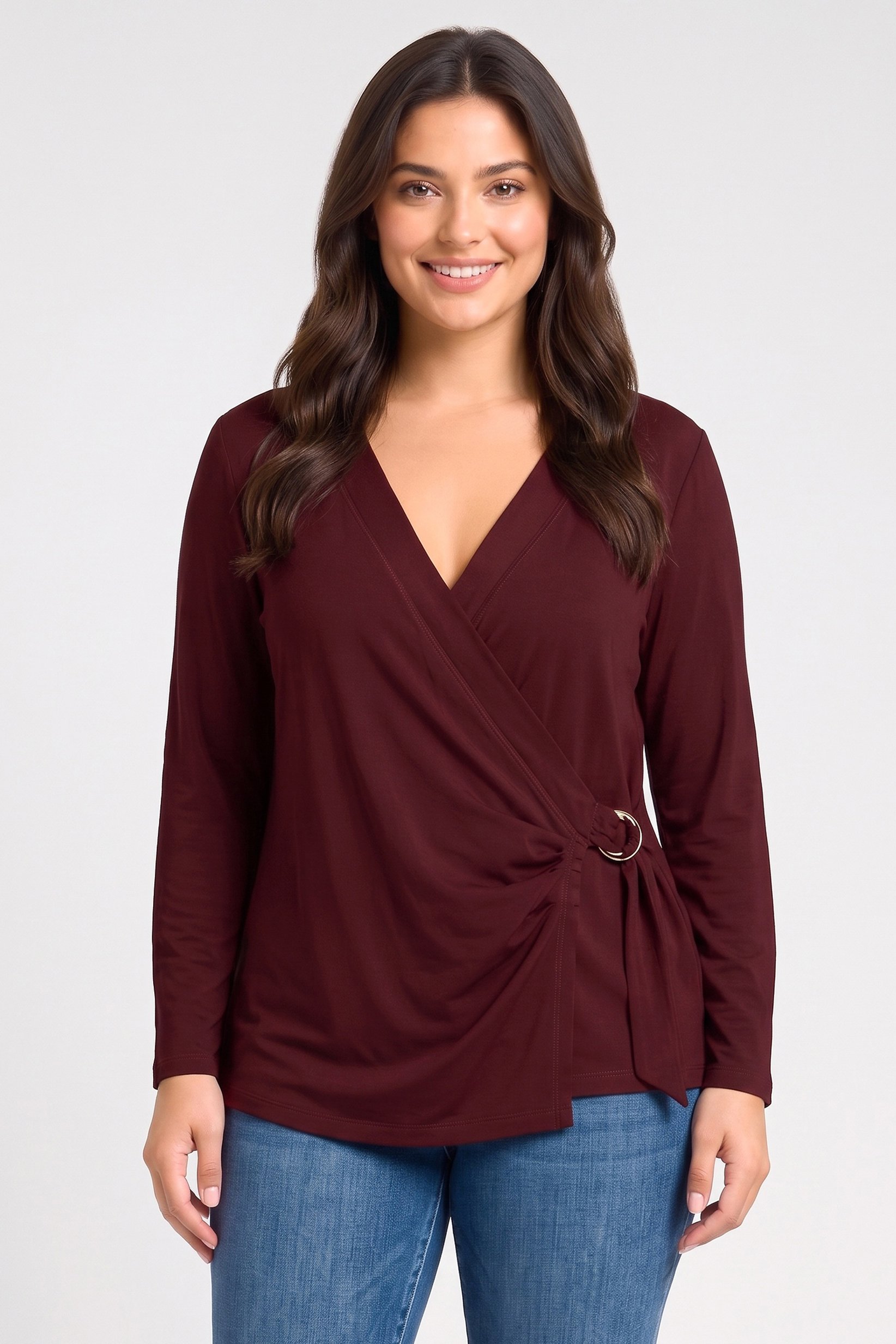 Lauren By Ralph Lauren Women Surplice Neck Long Sleeve Plain Blouse, Dark Maroon