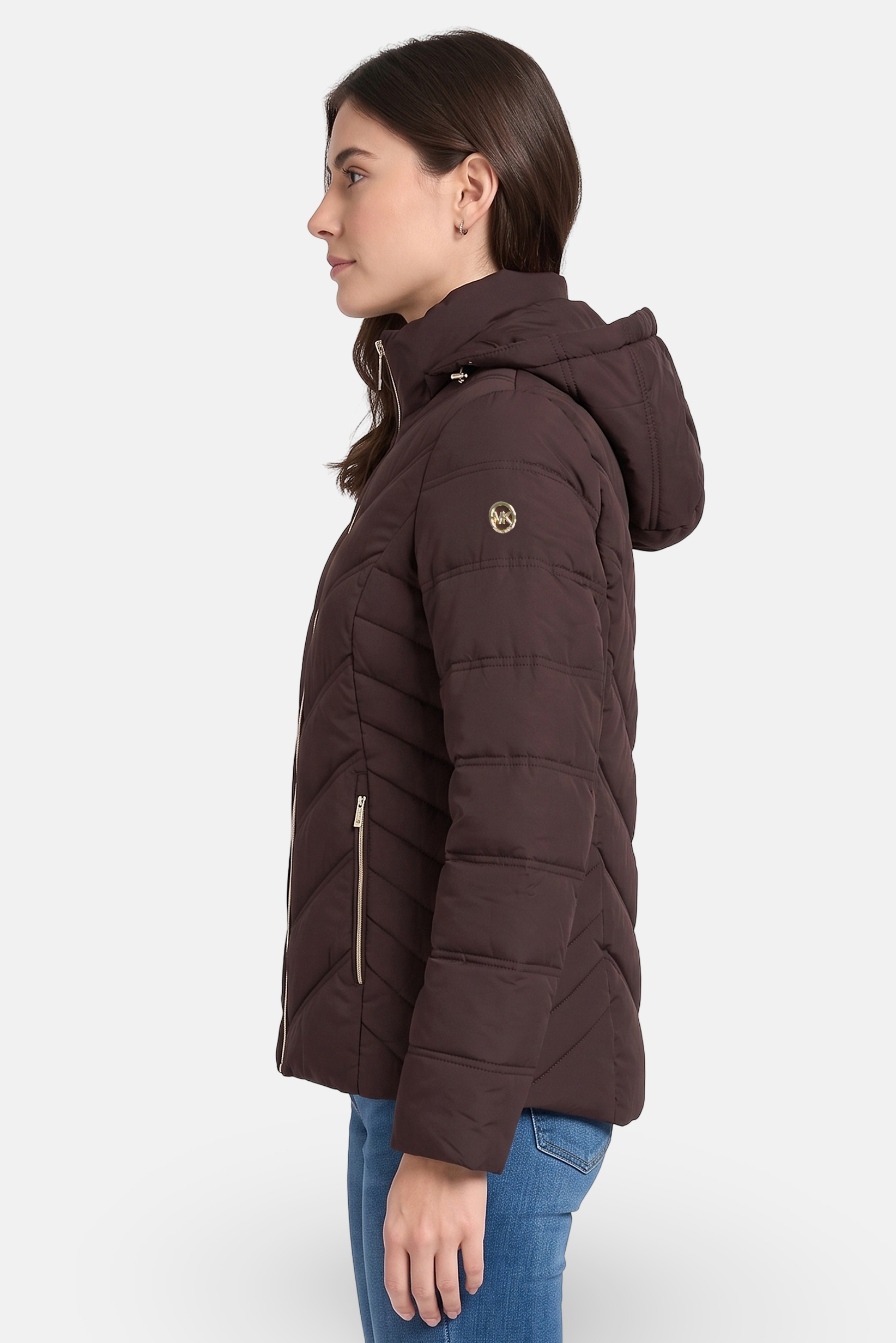Women Quilted Puffer Jacket, Dark Brown