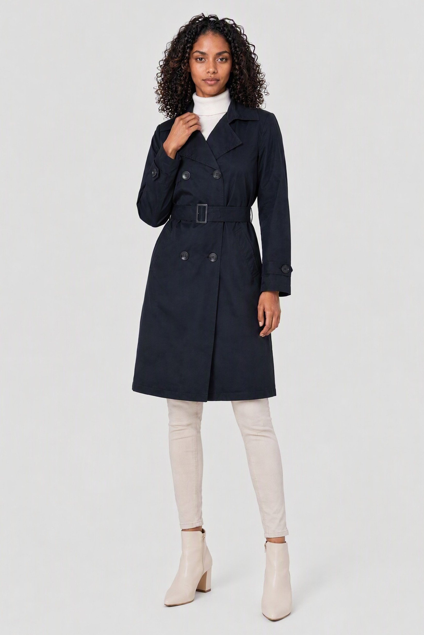 Women Plain Bleted Trench Coat, Dark Navy