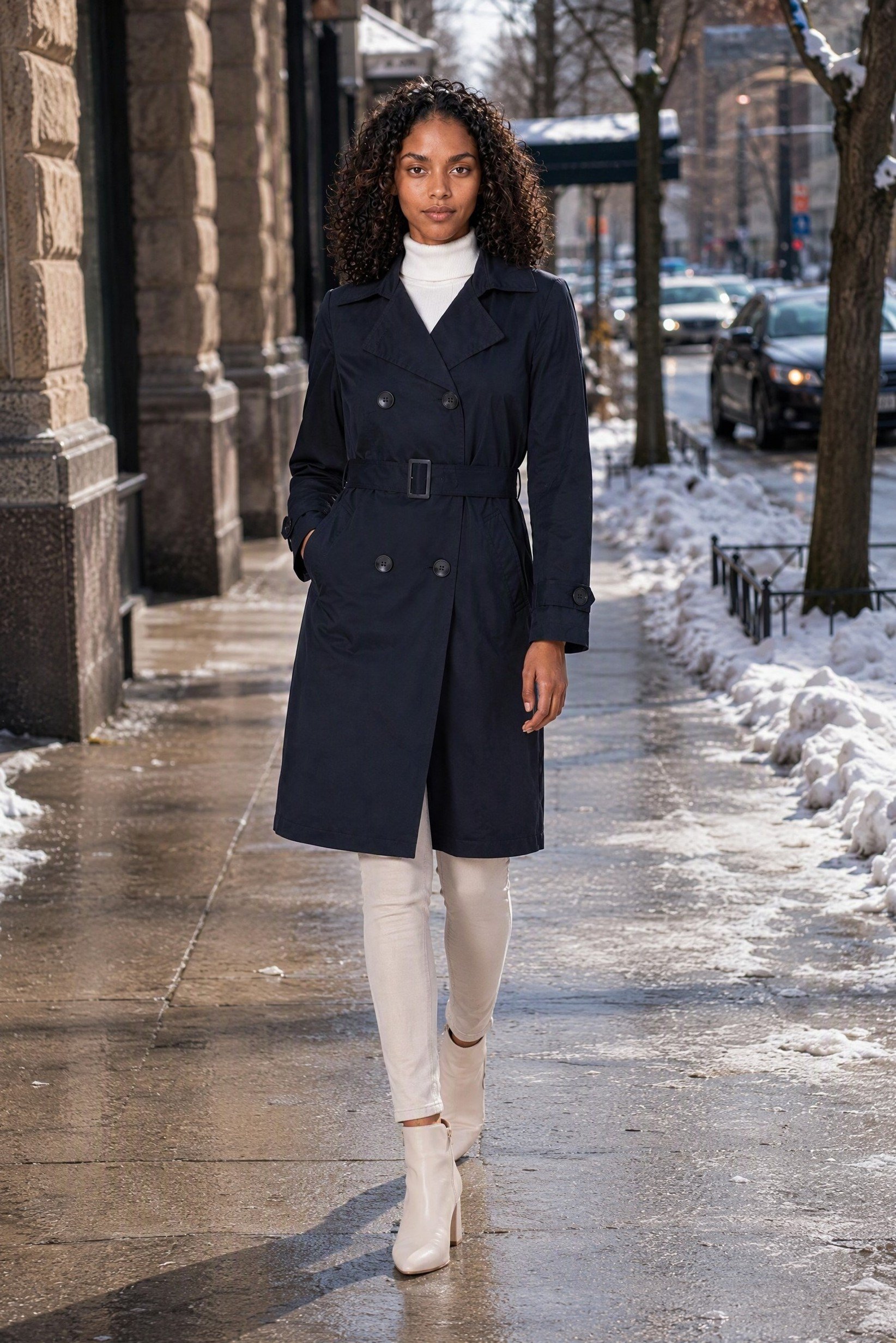 Women Plain Bleted Trench Coat, Dark Navy
