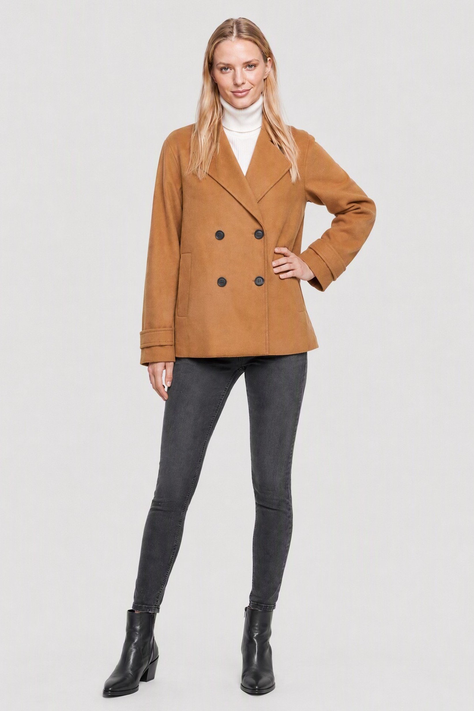 Women Notch Collar Peacoat, Tan