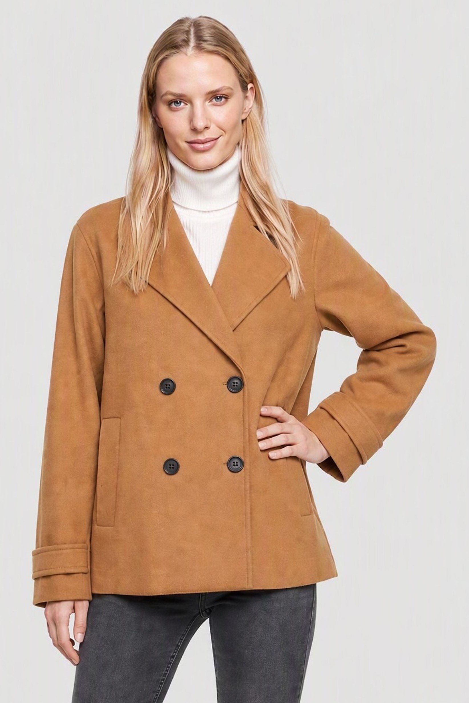 Women Notch Collar Peacoat, Tan
