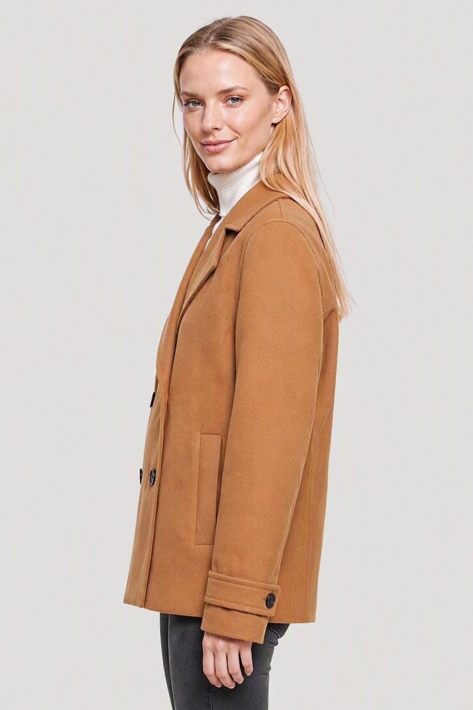 Women Notch Collar Peacoat, Tan