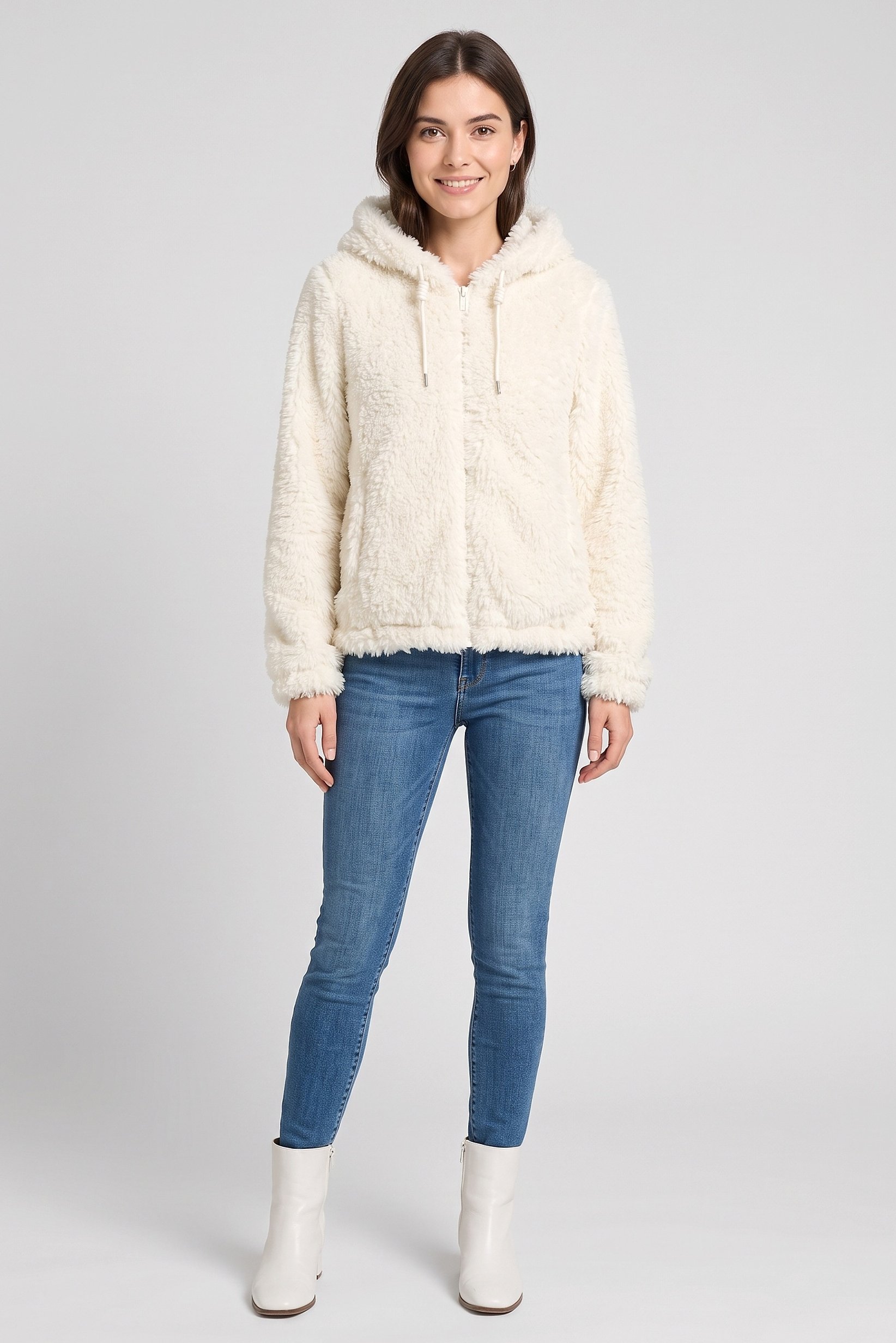 Women Textured Sherpa Jacket, Ivory