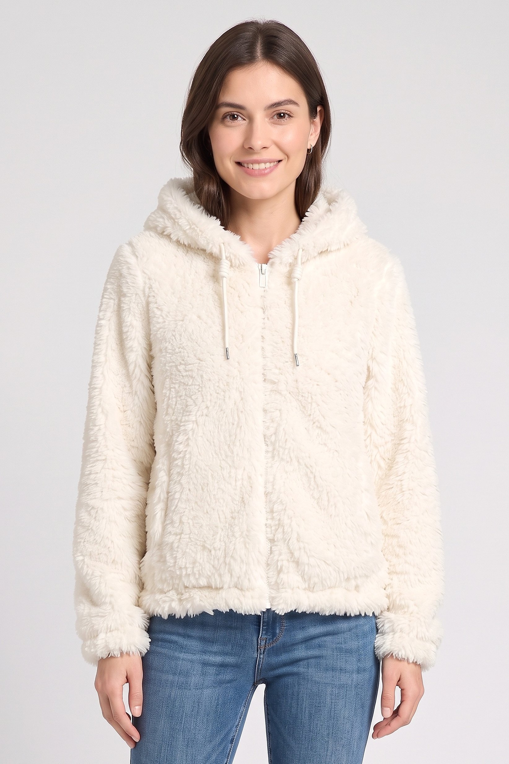 Women Textured Sherpa Jacket, Ivory