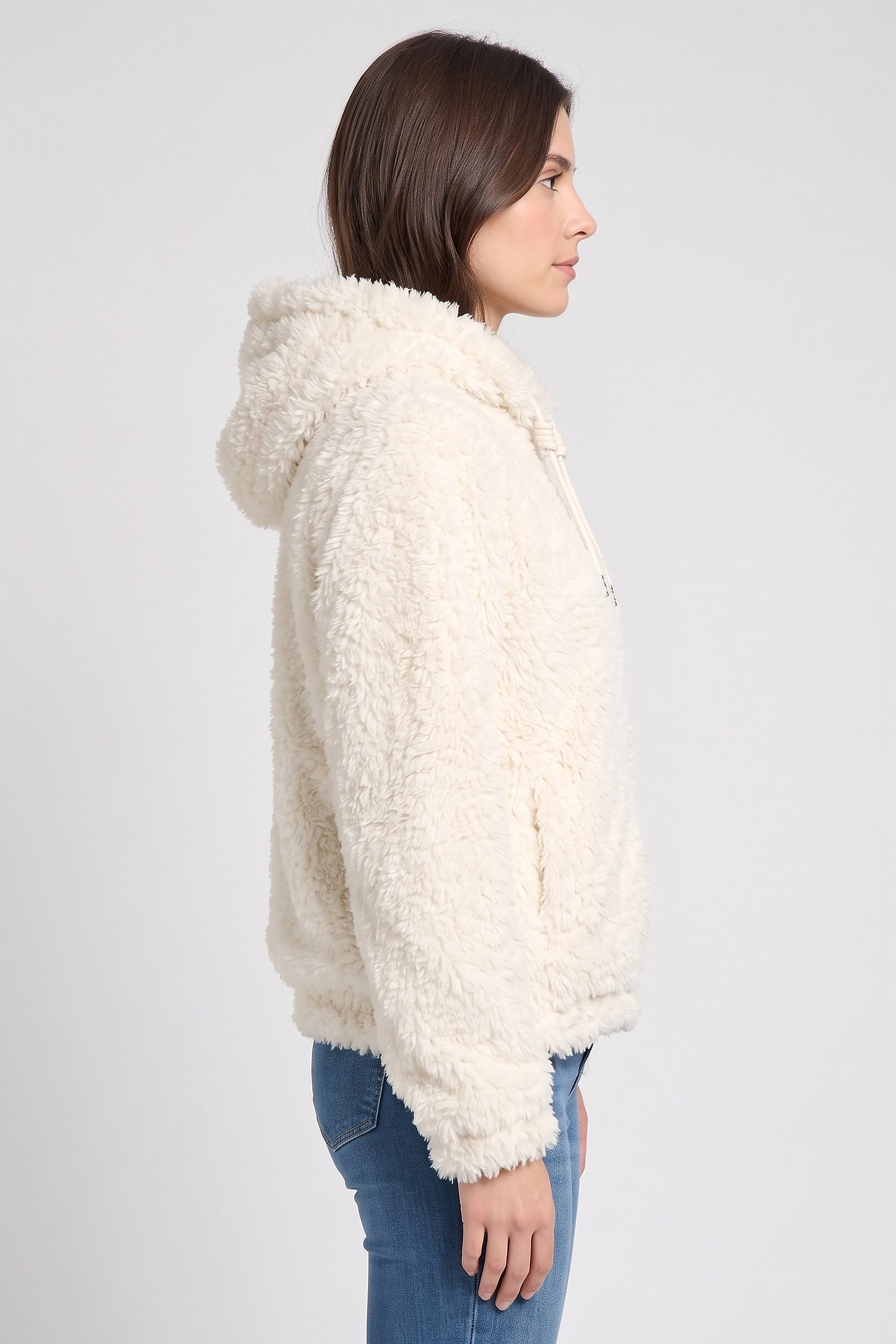 Women Textured Sherpa Jacket, Ivory