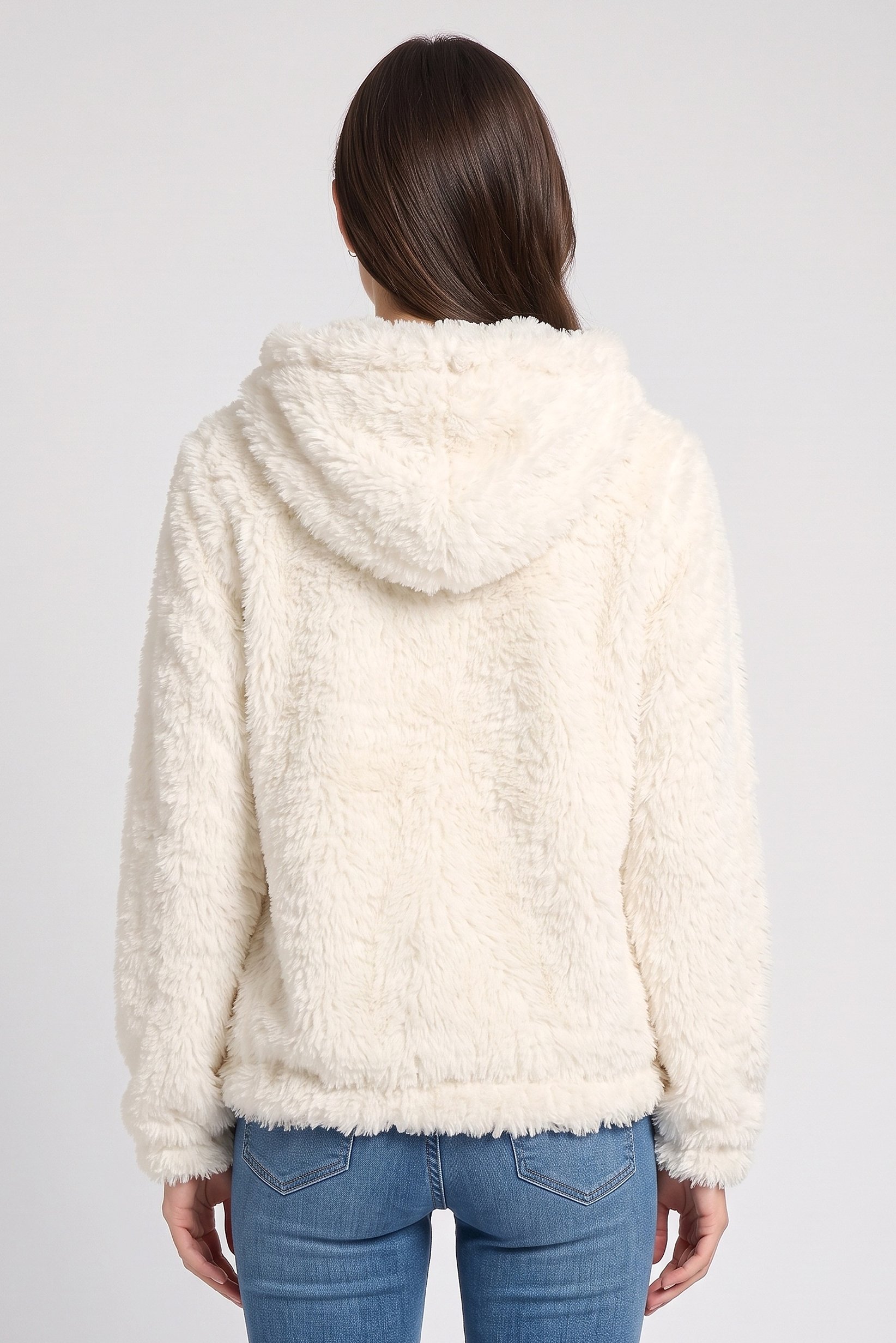 Women Textured Sherpa Jacket, Ivory