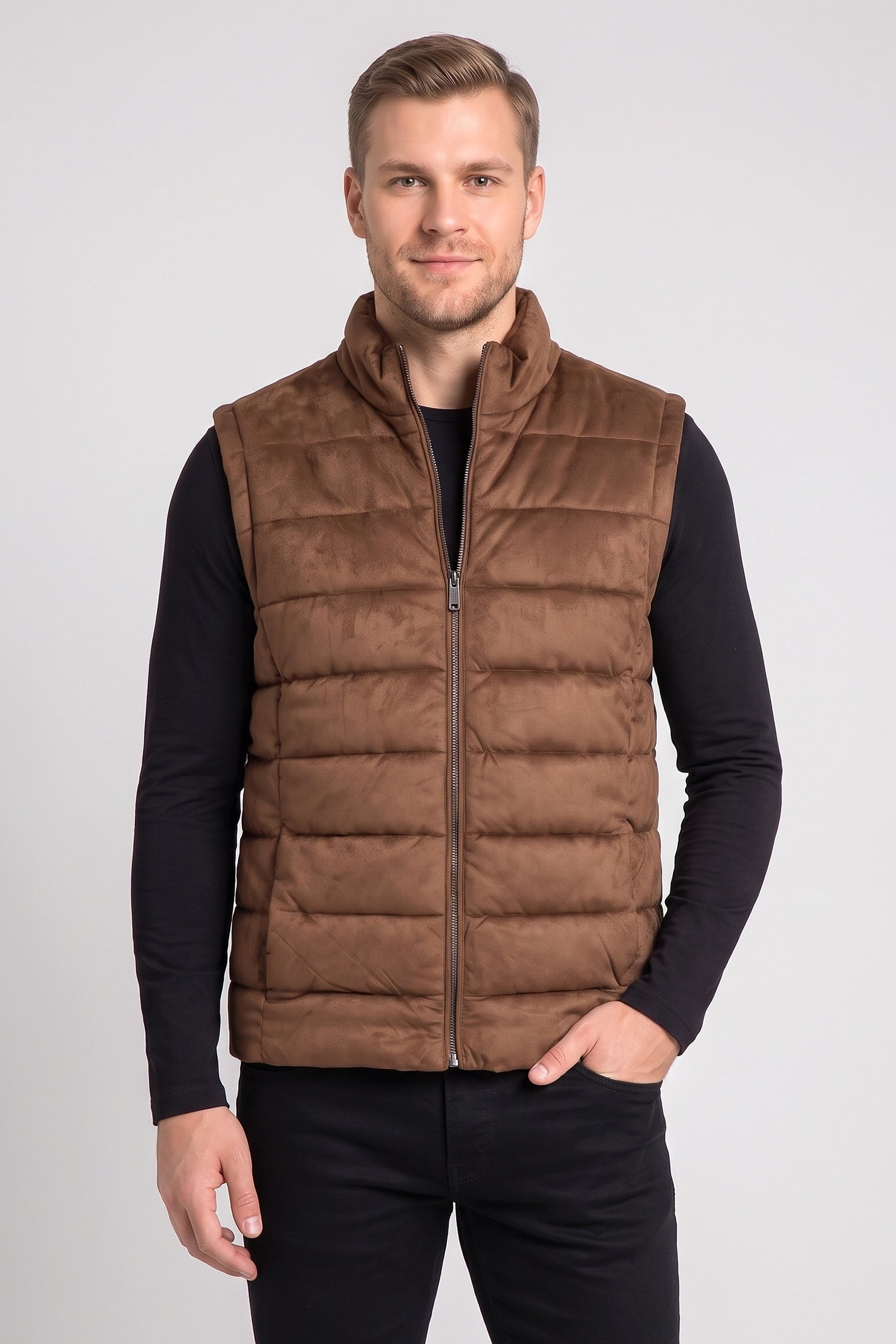 Men Quilted Puffer Vest Jacket, Brown