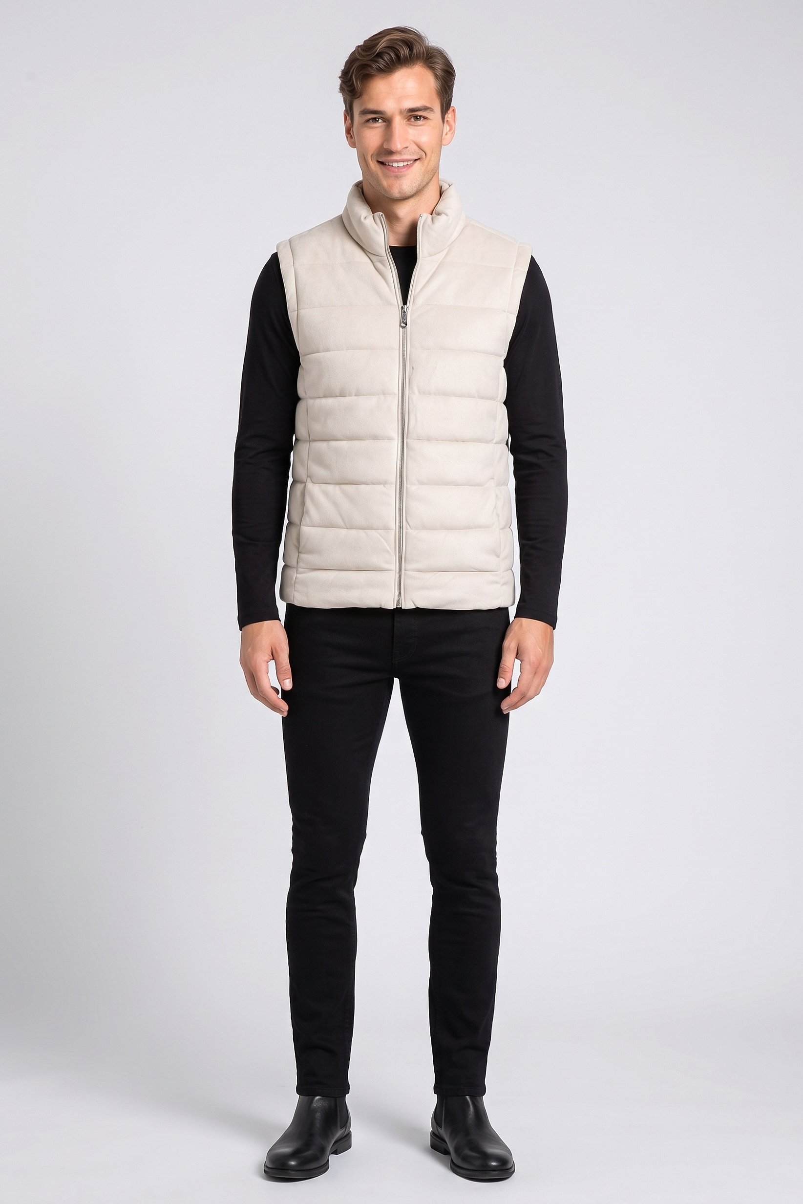 Men Quilted Puffer Vest Jacket, Beige