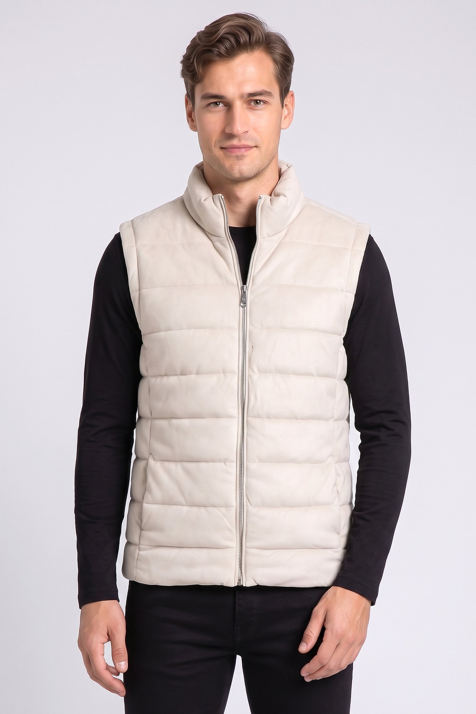 Men Quilted Puffer Vest Jacket, Beige