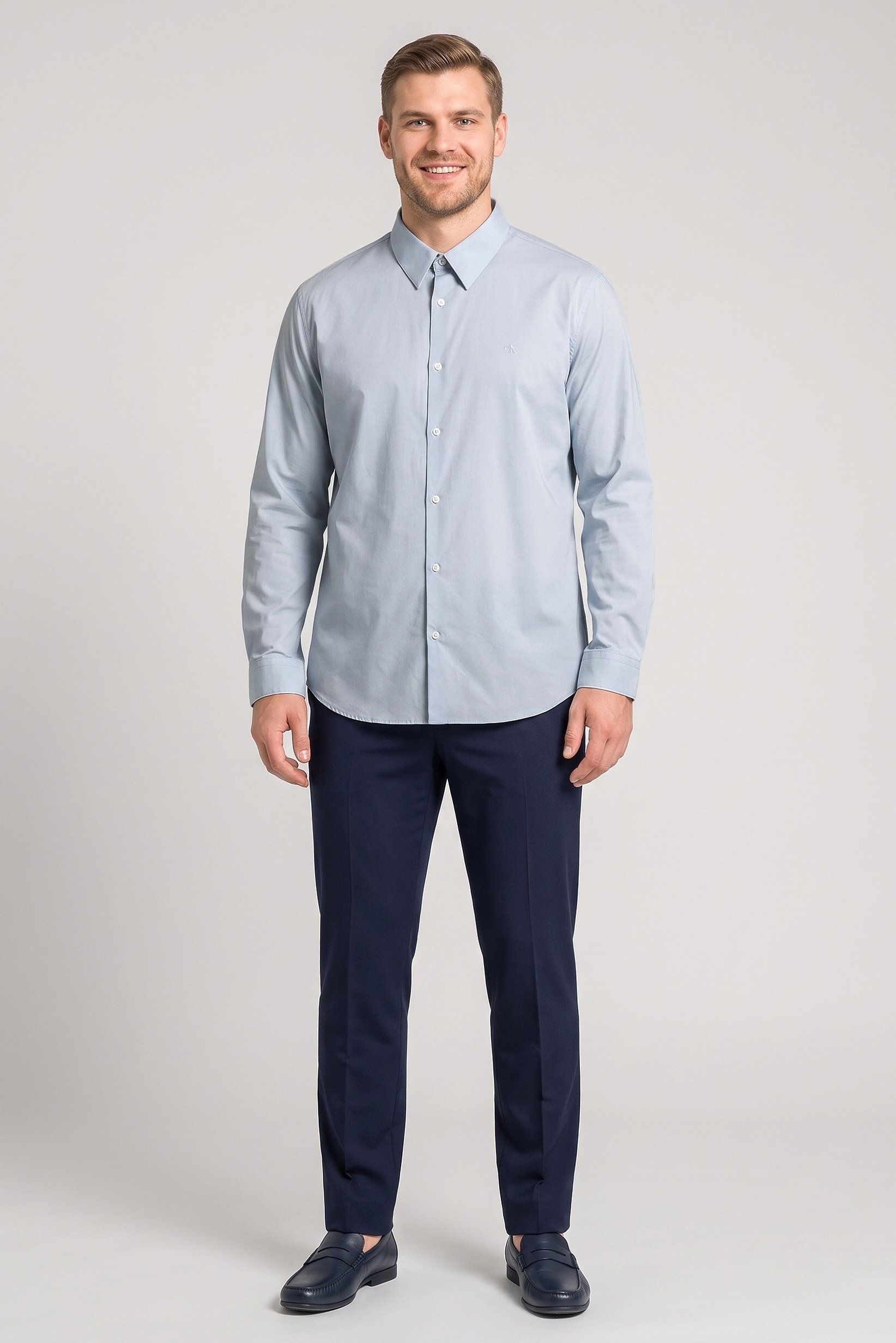 Men Slim Fit Embroidered Logo Long Sleeve Casual Shirt, Light Blue