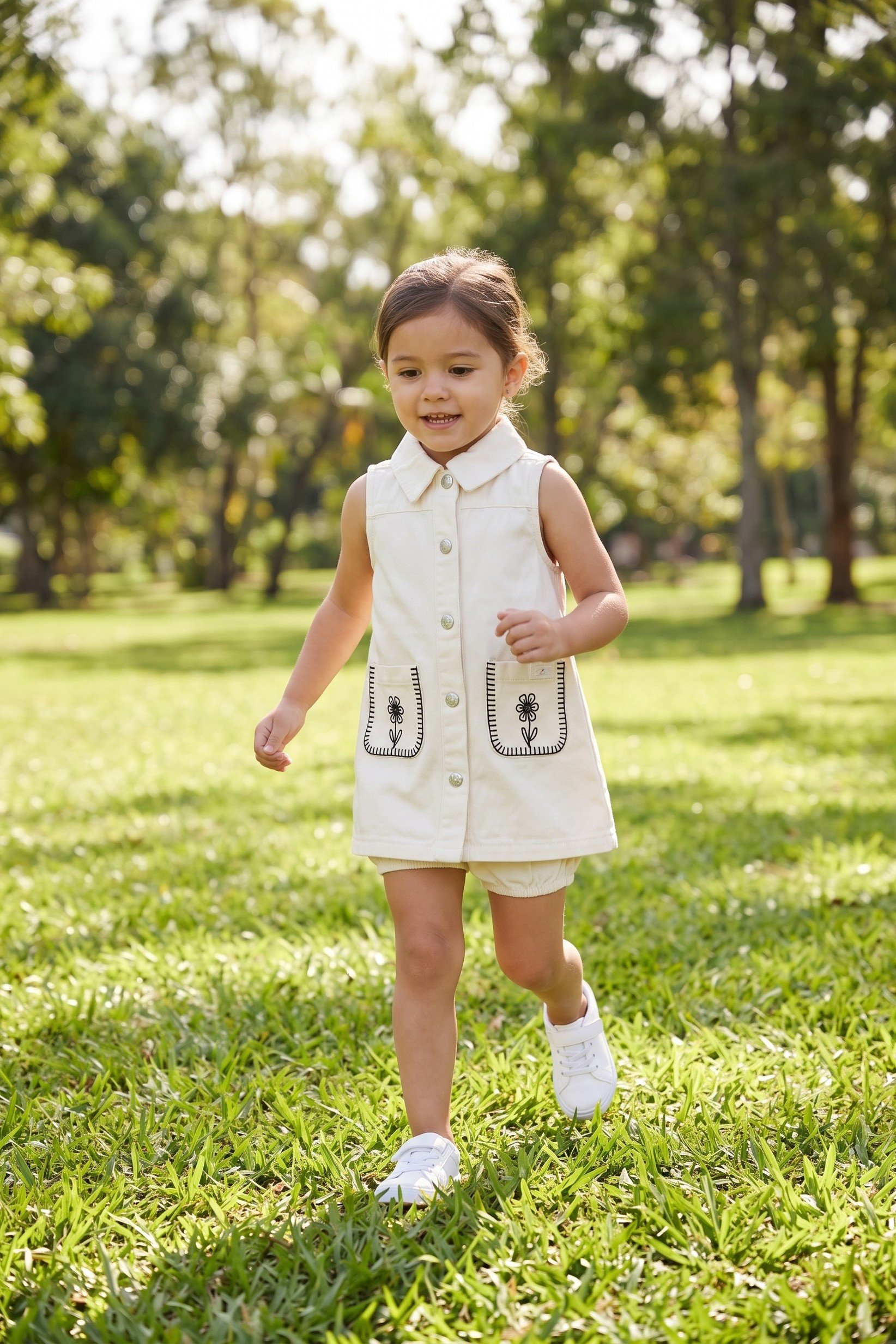 Toddlers Girl 2 Pieces Embroidered Denim Dress And Bottom Set, Off White