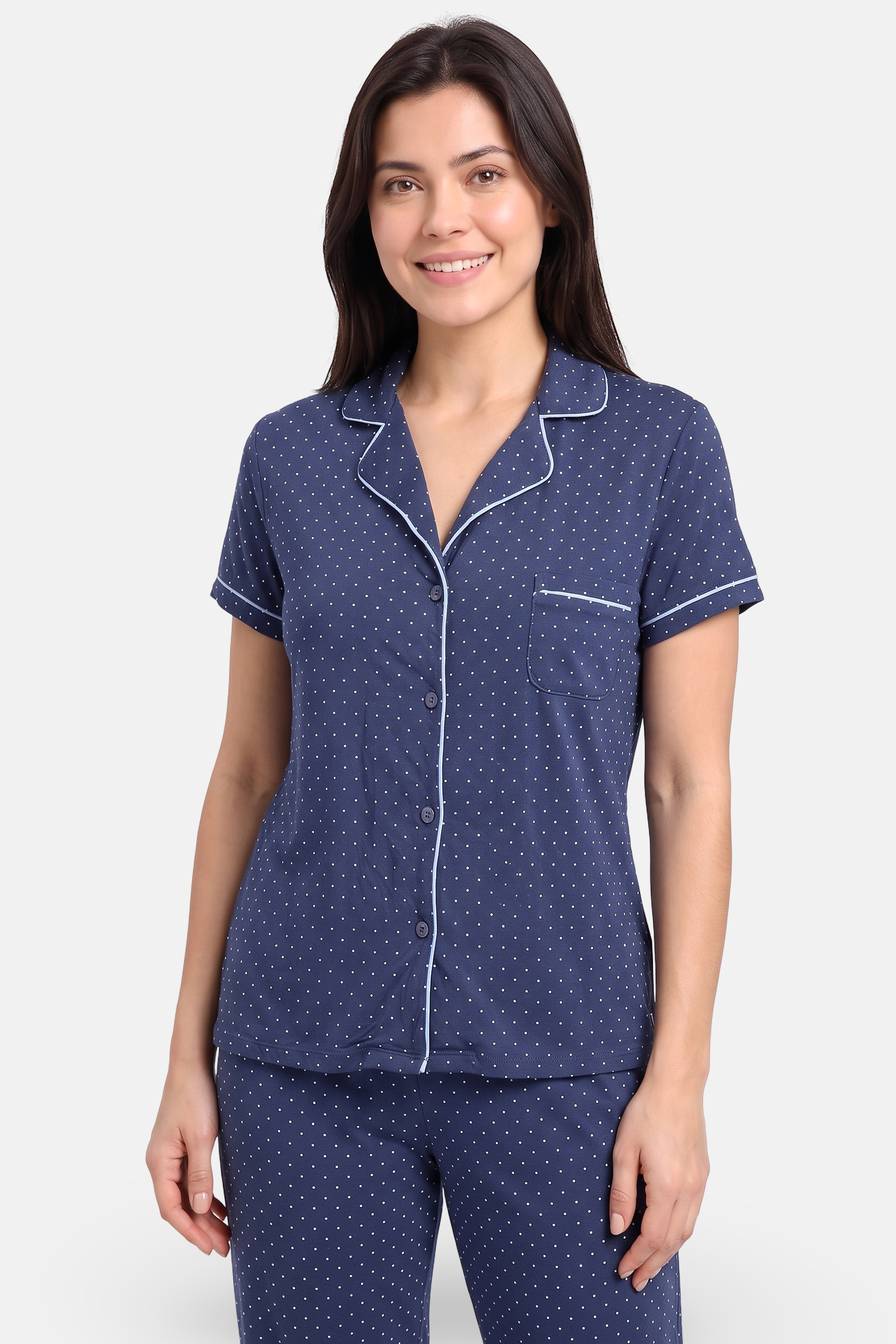 Women 2 Pcs Polka Dot Top And Bottom Pyjama Set, Blue