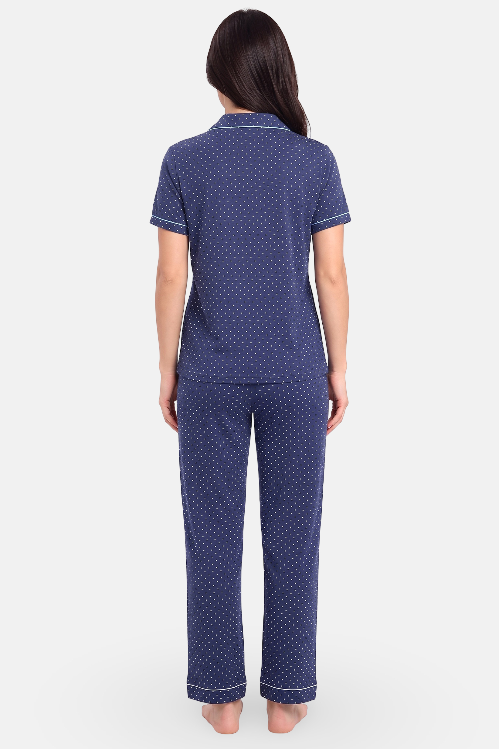 Women 2 Pcs Polka Dot Top And Bottom Pyjama Set, Blue
