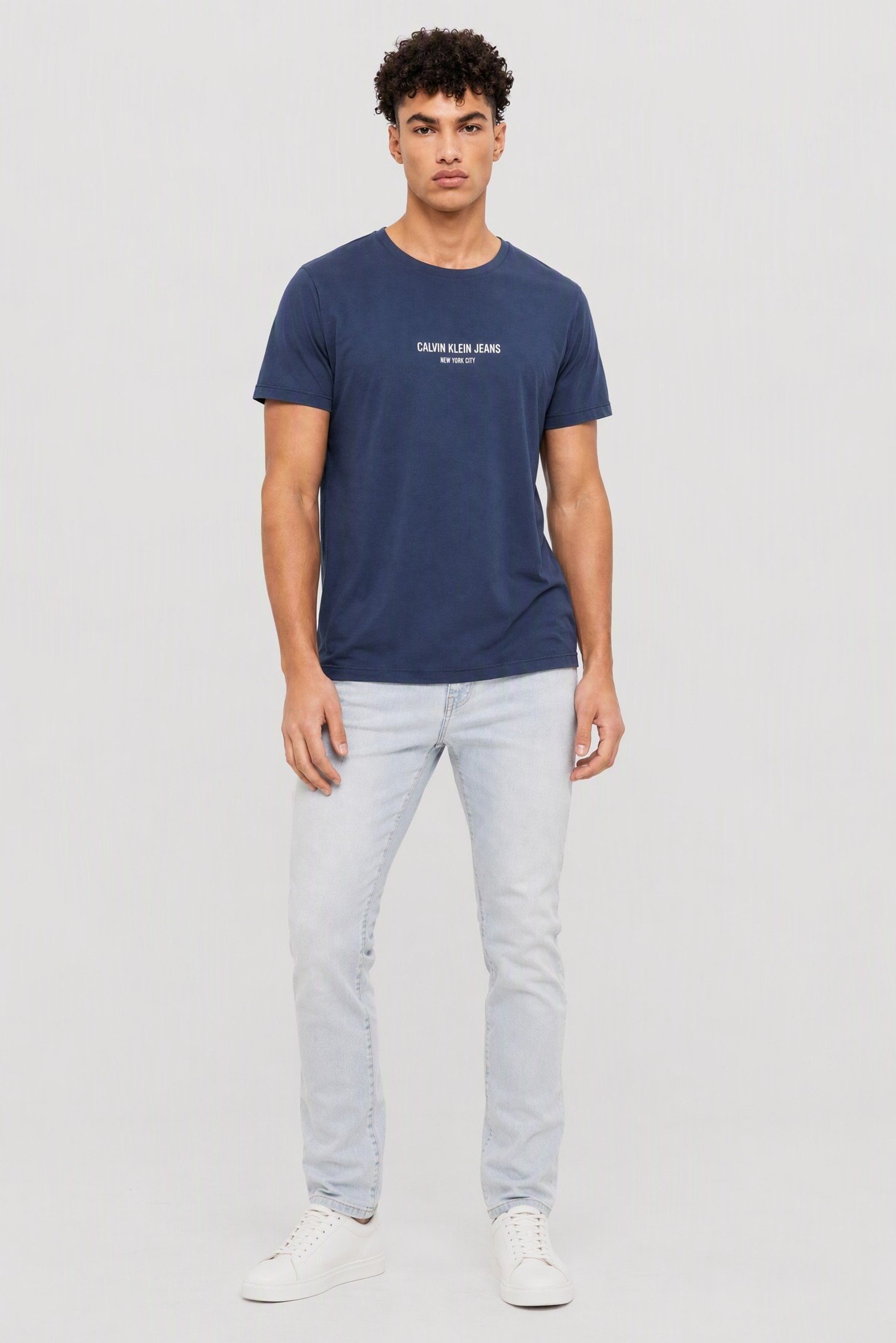 Calvin Klein Jeans Men Crew Neck Short Sleeve Brand Logo T-Shirt, Slate Blue