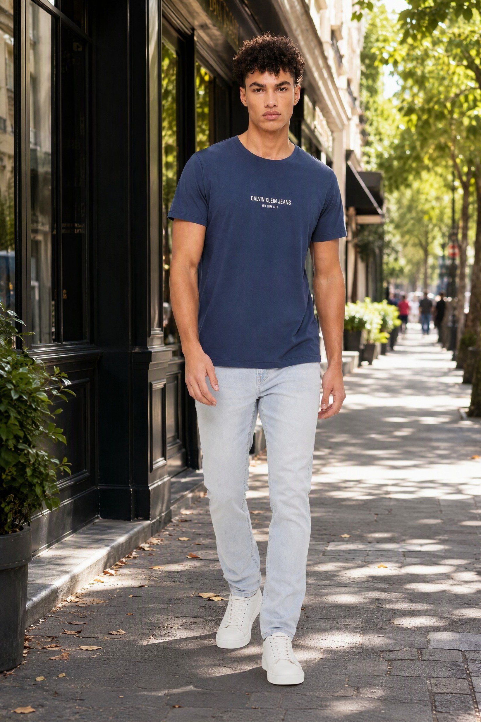 Calvin Klein Jeans Men Crew Neck Short Sleeve Brand Logo T-Shirt, Slate Blue