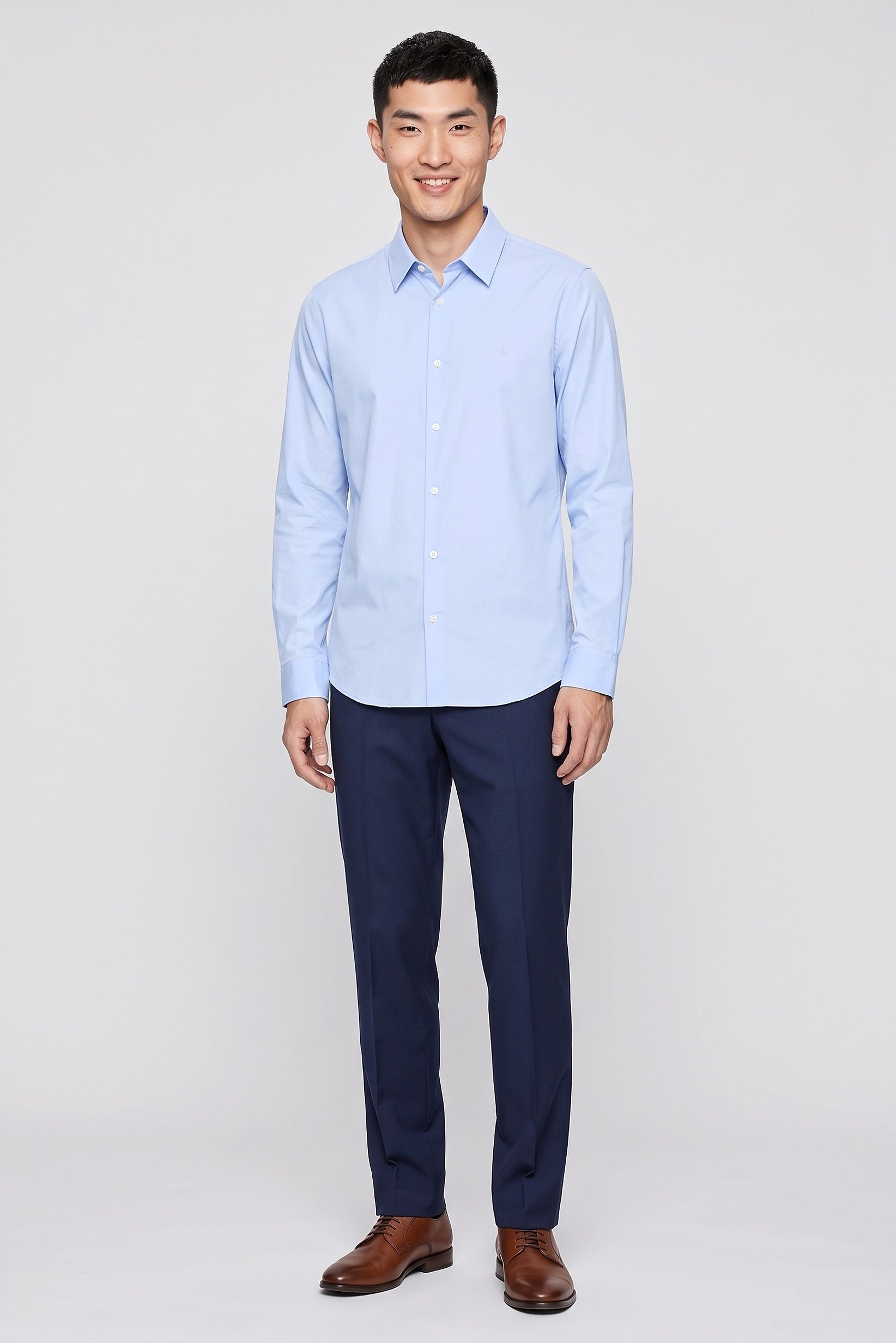Men Slim Fit Embroidered Logo Long Sleeve Casual Shirt, Light Blue