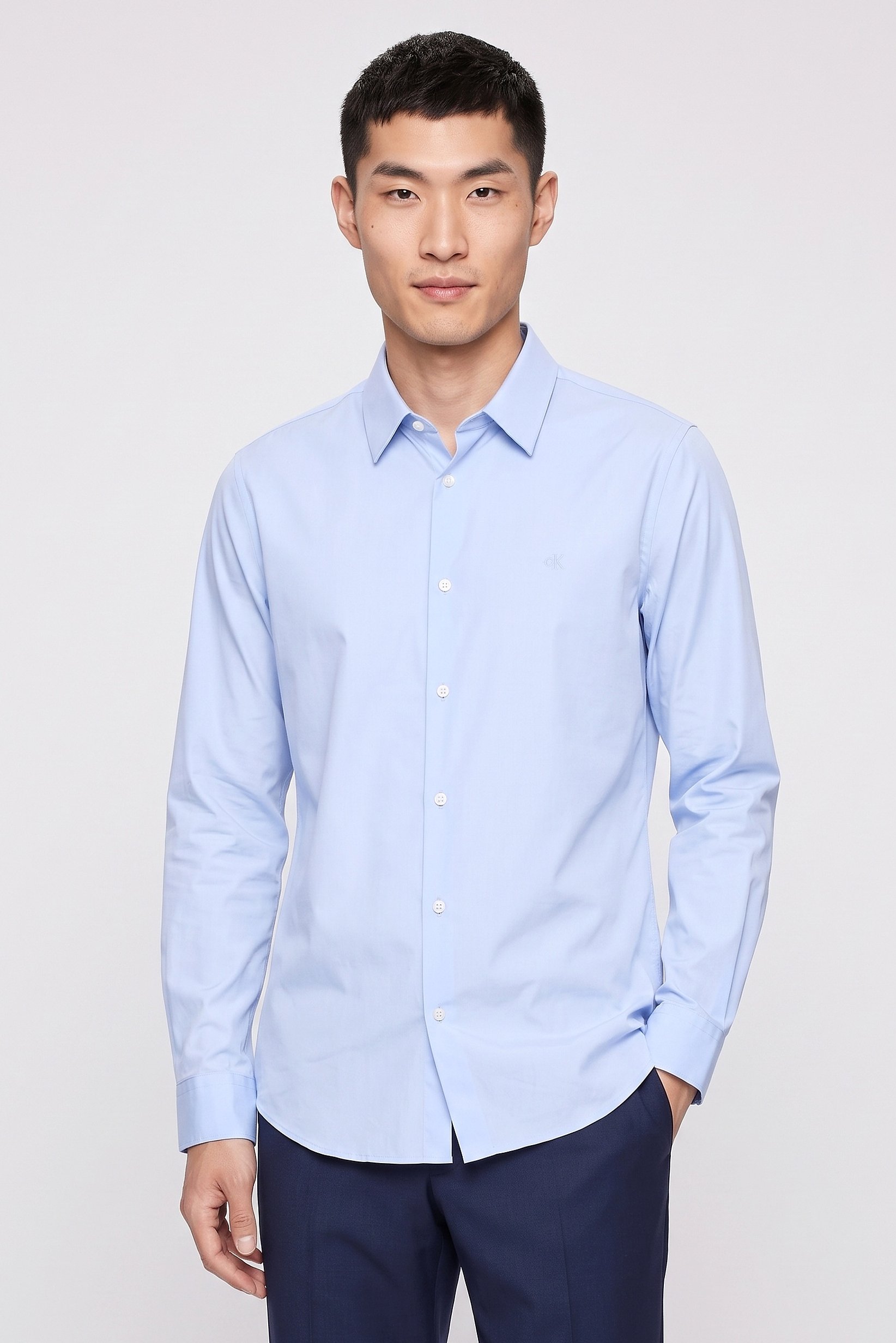 Men Slim Fit Embroidered Logo Long Sleeve Casual Shirt, Light Blue