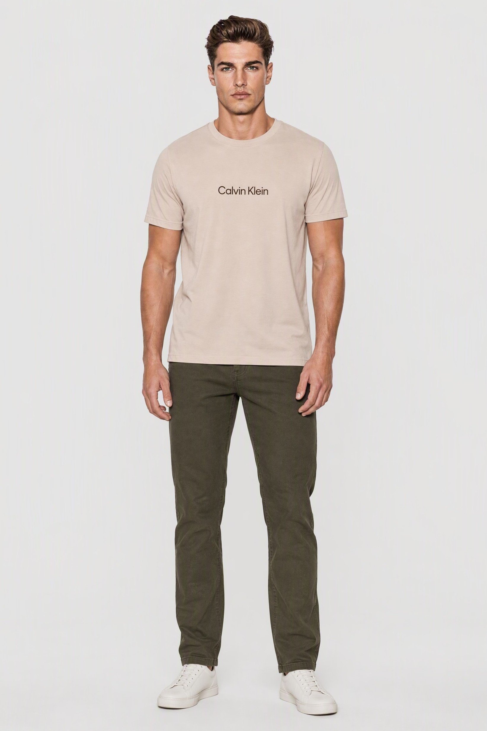 Men Crew Neck Short Sleeve Brand Logo T-Shirt, Beige