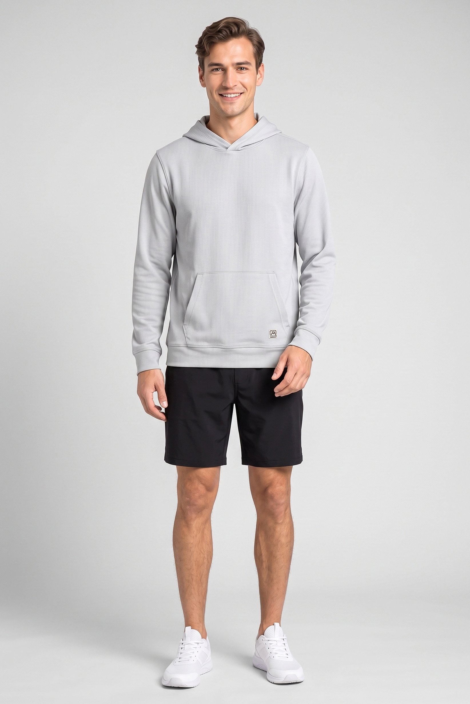 Men Brand Logo Long Sleeve Hoodie, Light Grey