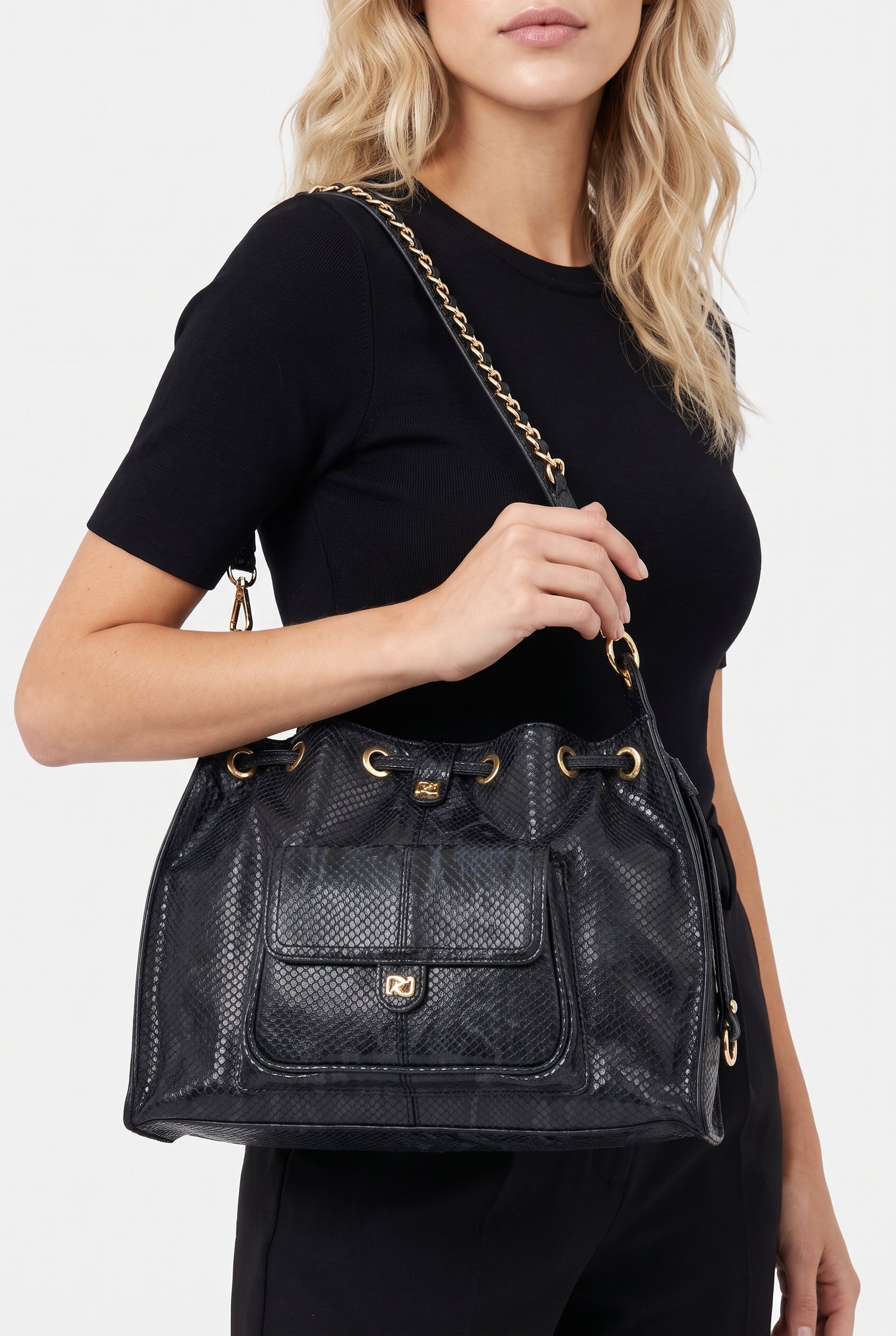 Women Snakeskin Handbag, Black