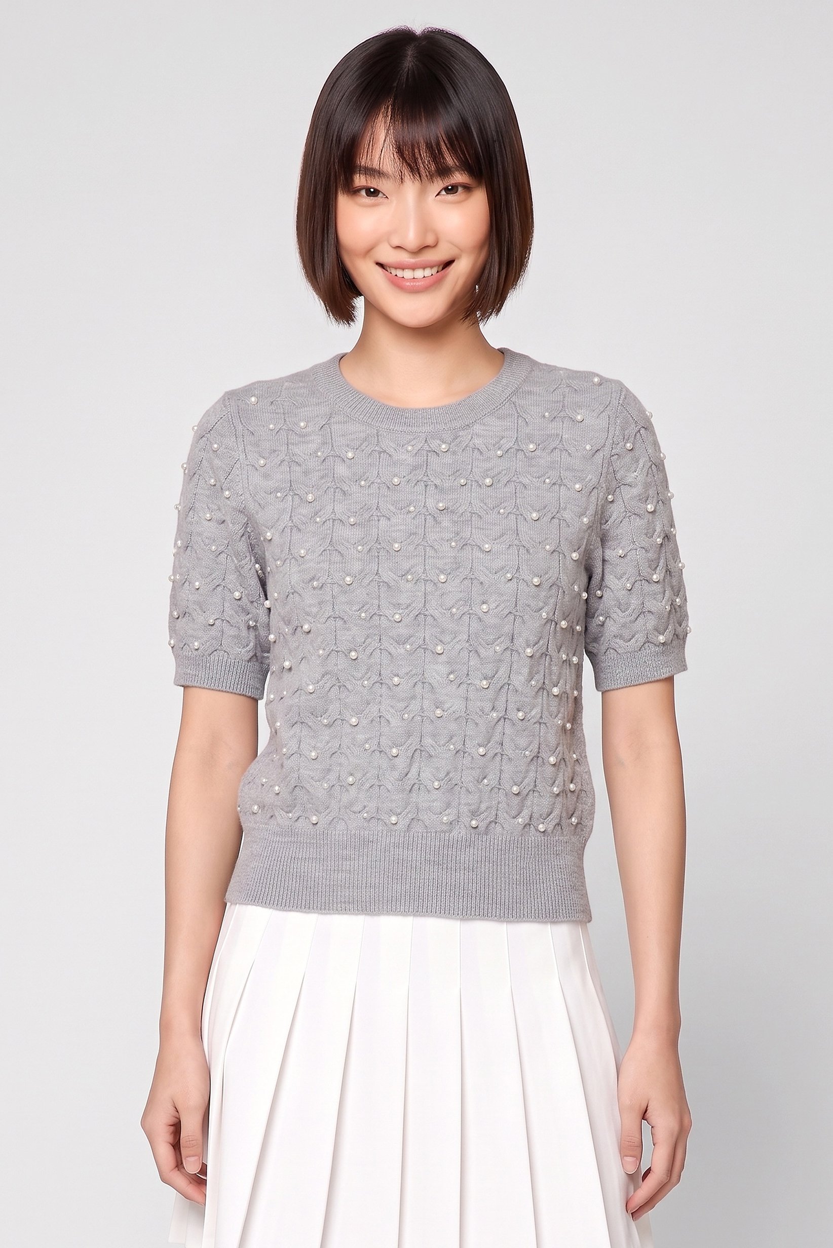 Women Crew Neck Textured Sweater, Grey