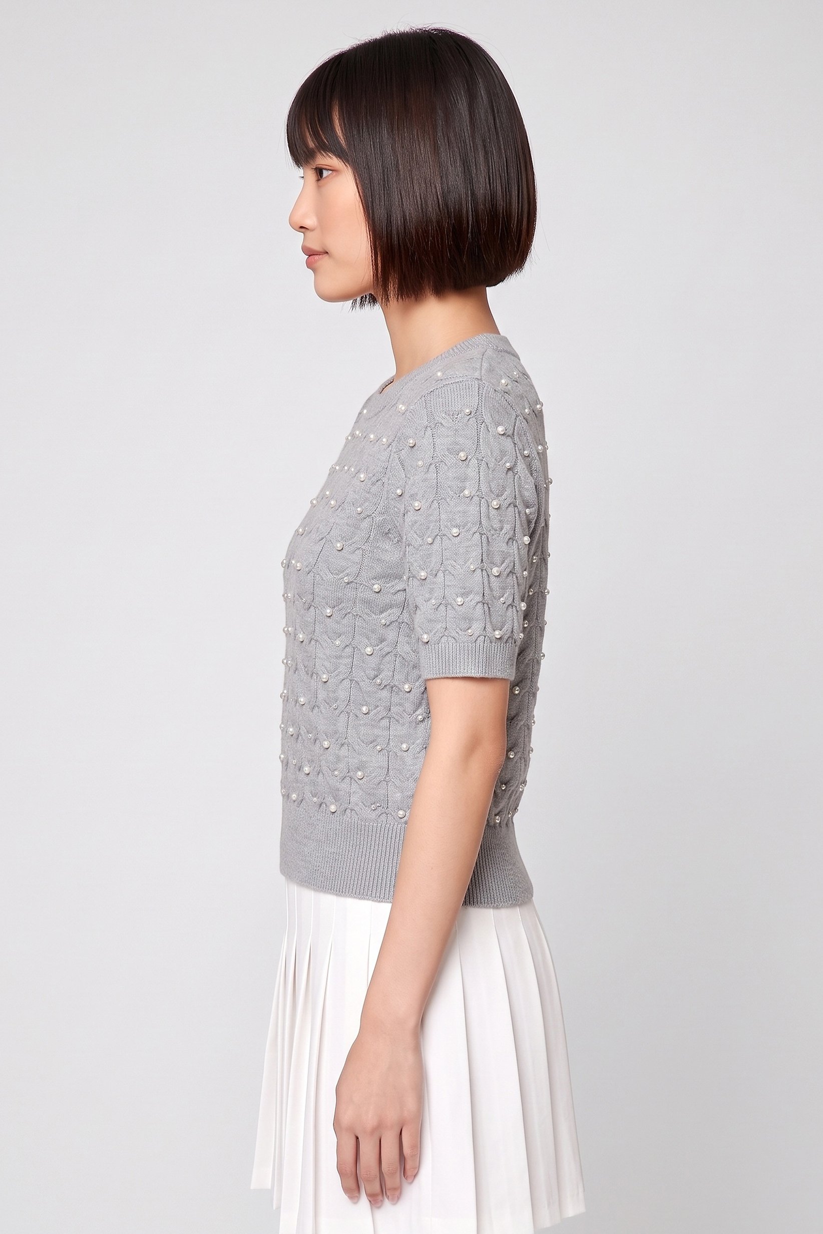 Women Crew Neck Textured Sweater, Grey