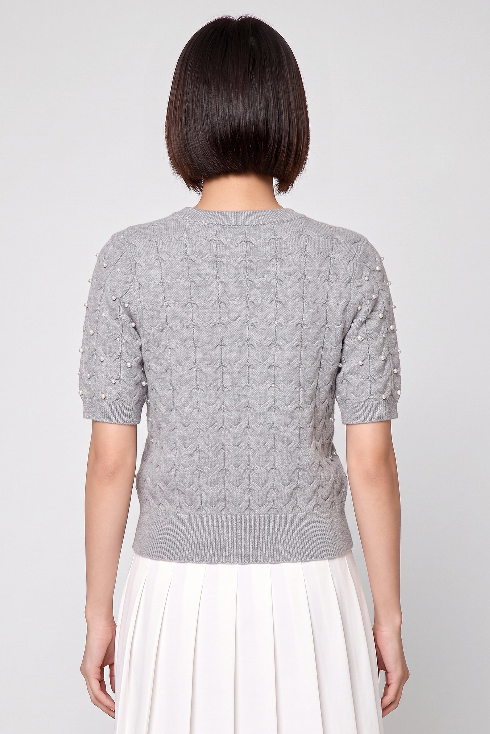 Women Crew Neck Textured Sweater, Grey