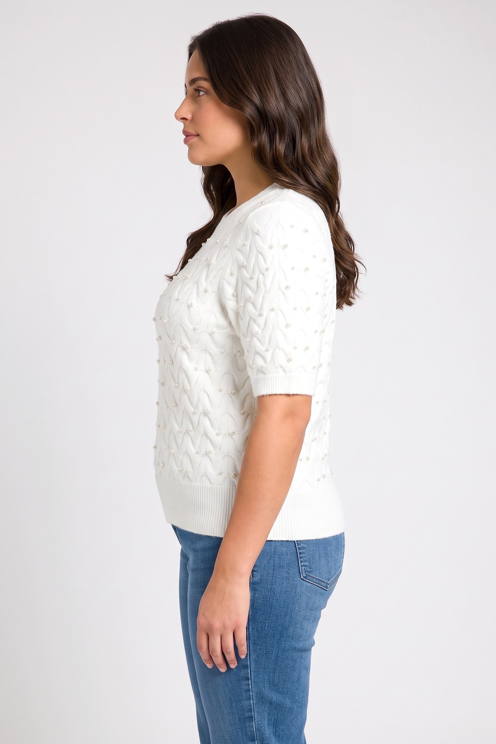 Women Crew Neck Textured Sweater, White