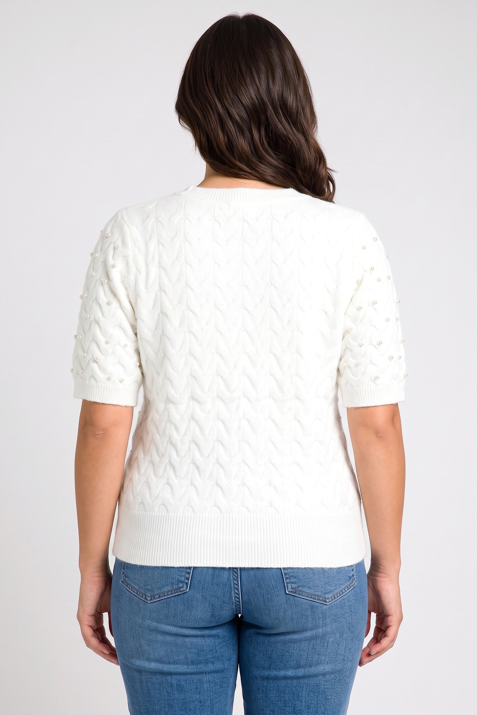 Women Crew Neck Textured Sweater, White