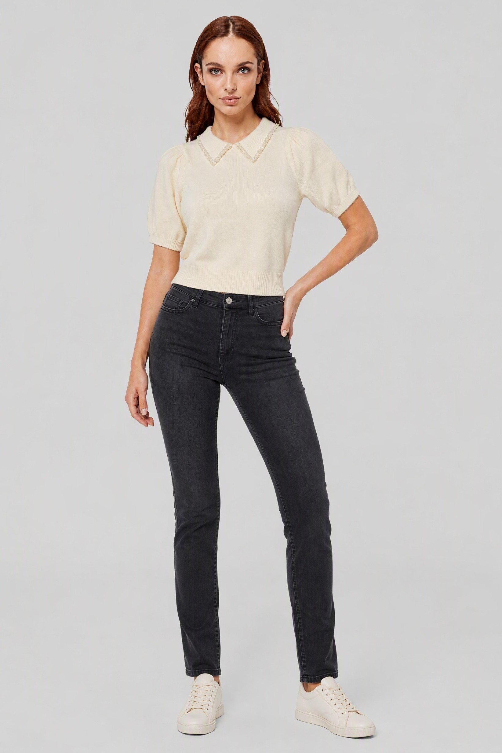 Women Peter Pan Collar Knitted Sweater, Cream