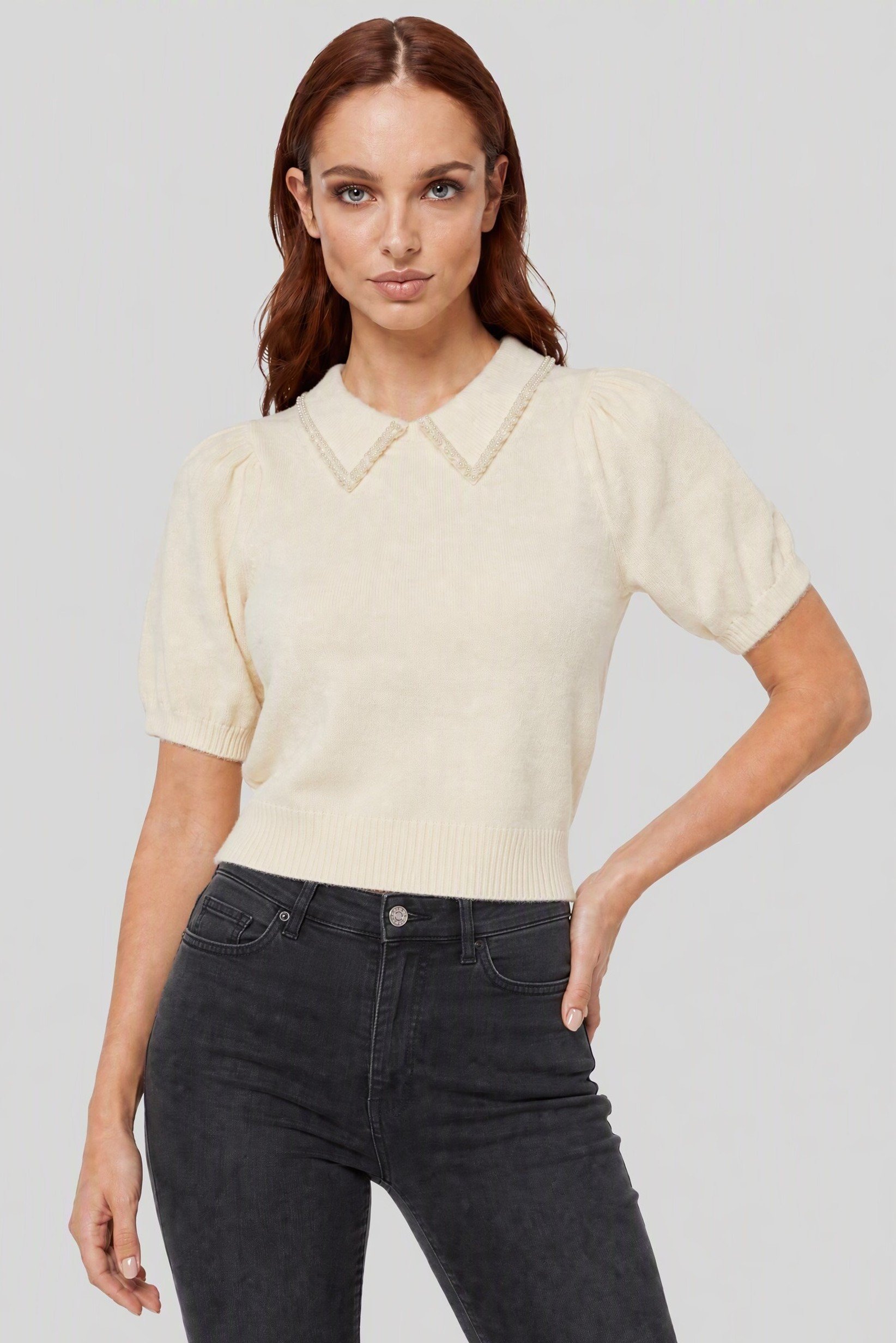 Women Peter Pan Collar Knitted Sweater, Cream