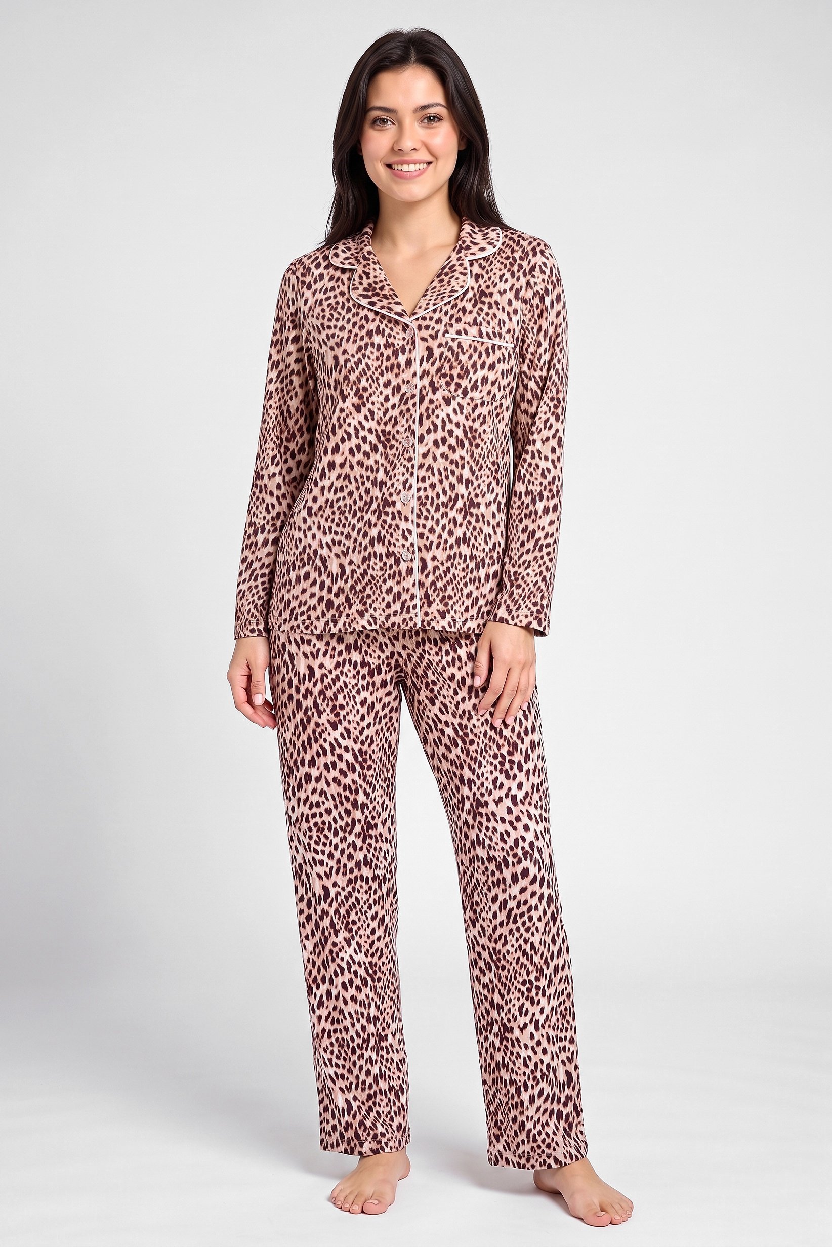 Women 2 Pcs Animal Print Long Sleeve Pajama Top And Pants Set, Multicolor