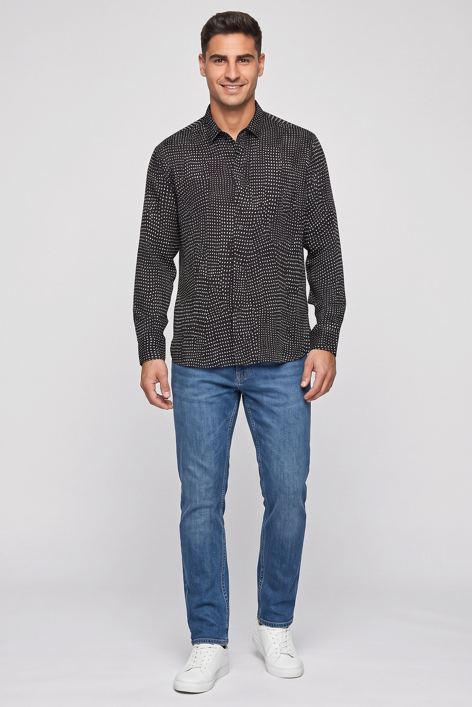Men Regular Fit  Long Sleeve Polka Dots Dress Shirts, Black
