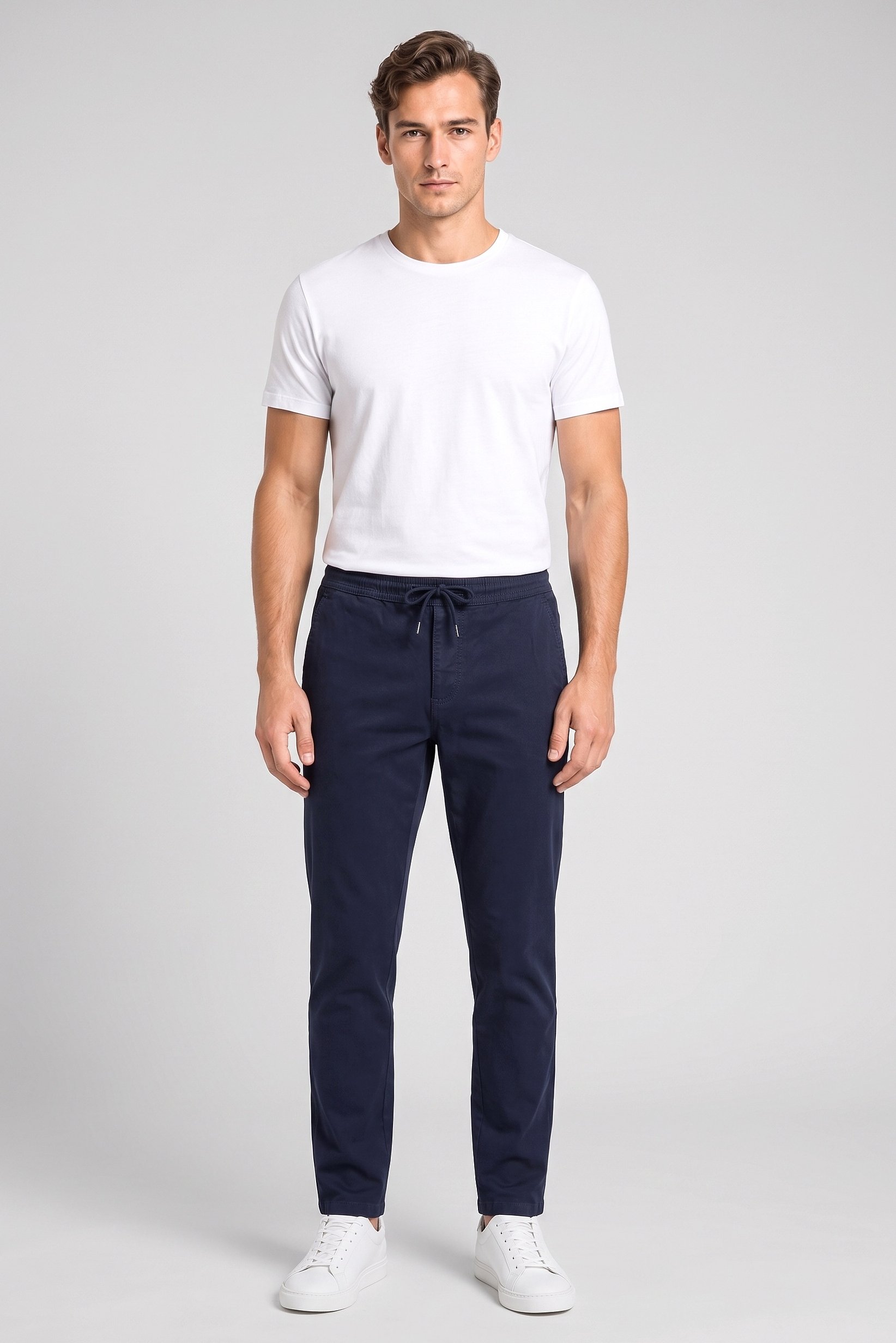 Men Regular Fit Solid Straight Leg Pants, Navy Blue