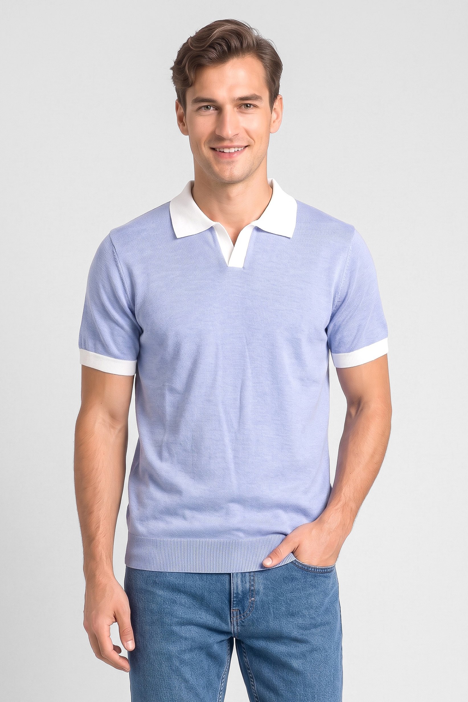 Men Spread Collar Textured Short Sleeve Polo Shirt, Sky Blue