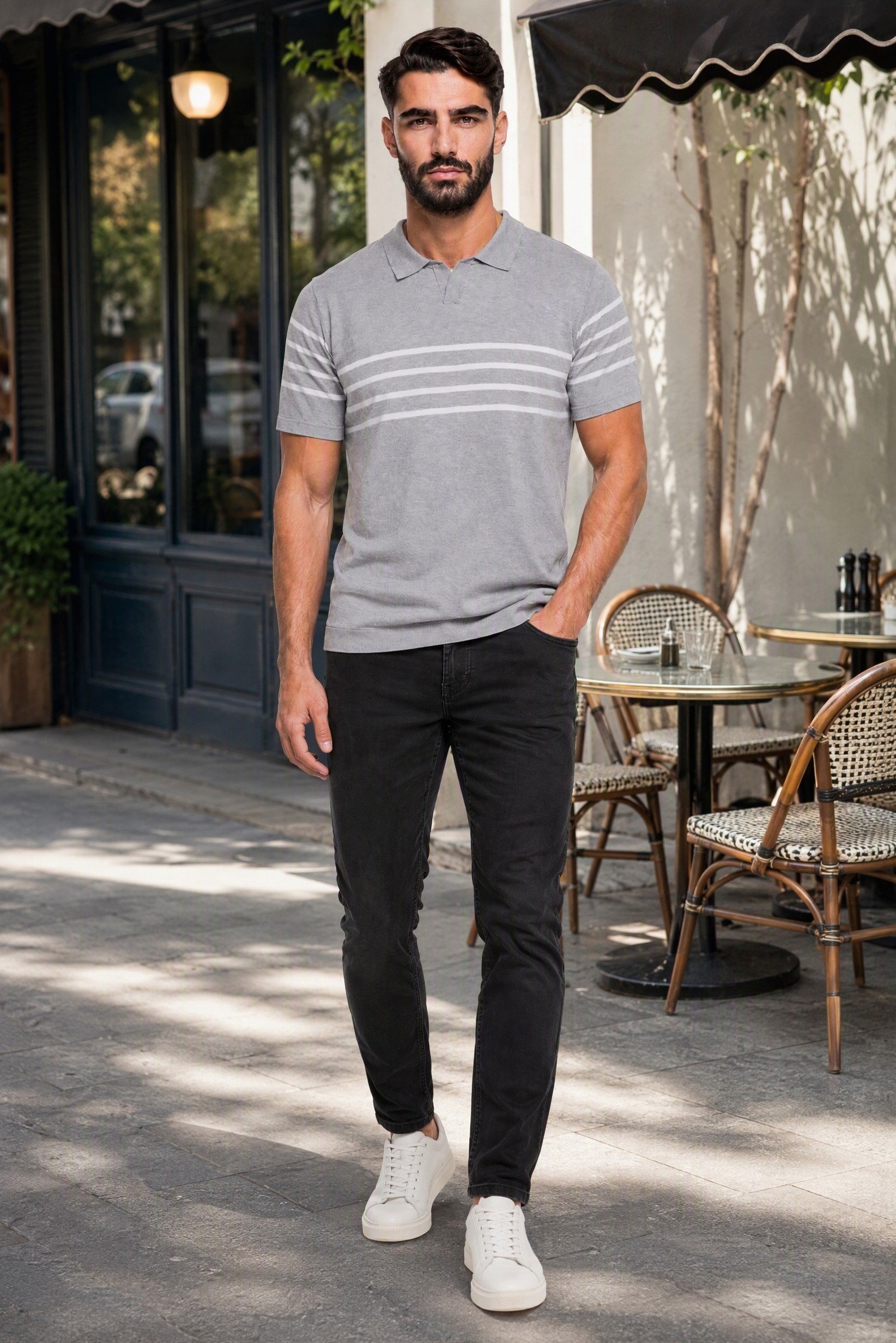 Men Spread Collar Short Sleeve Stripe Polo, Multicolor