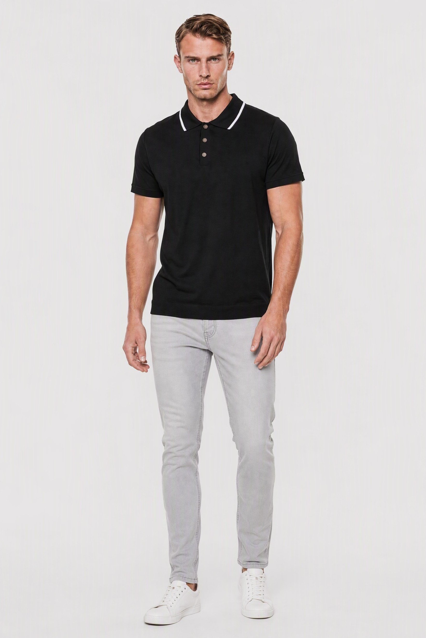 Men Spread Collar Short Sleeve Solid Polo, Black