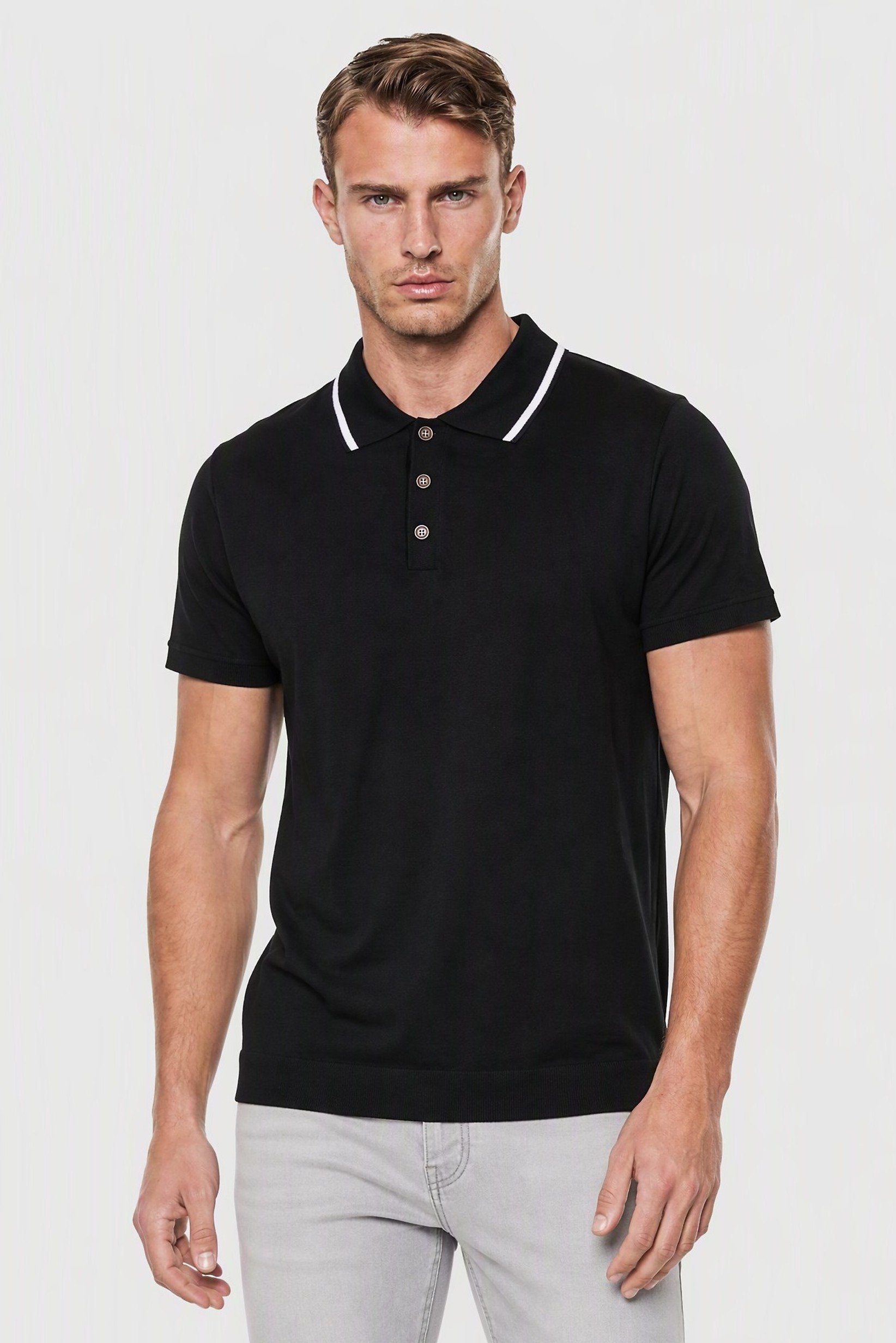 Men Spread Collar Short Sleeve Solid Polo, Black