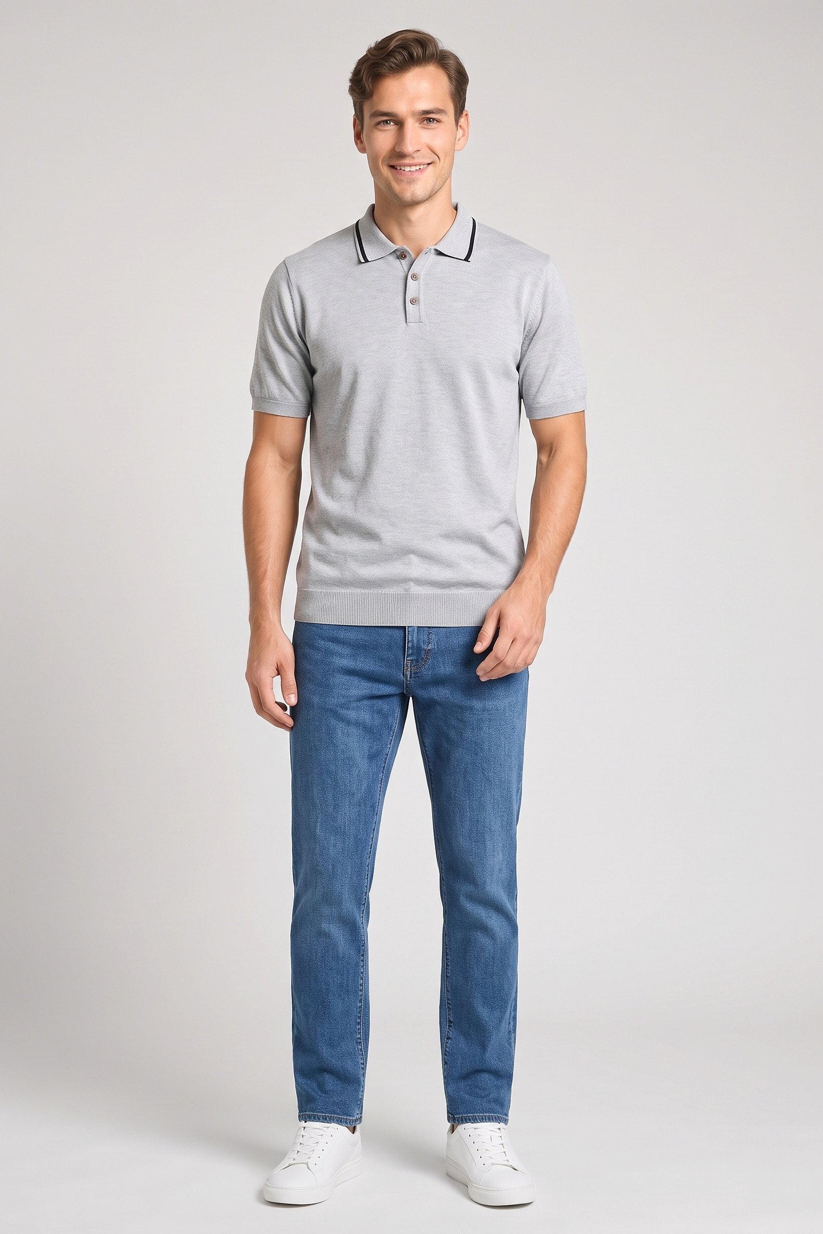 Men Spread Collar Short Sleeve Solid Polo Shirt, Grey