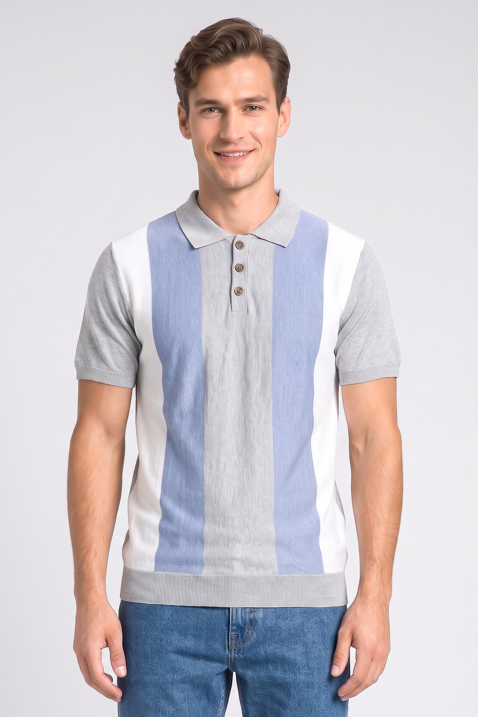 Men Spread Collar Short Sleeve Stripes Polo, Multicolor