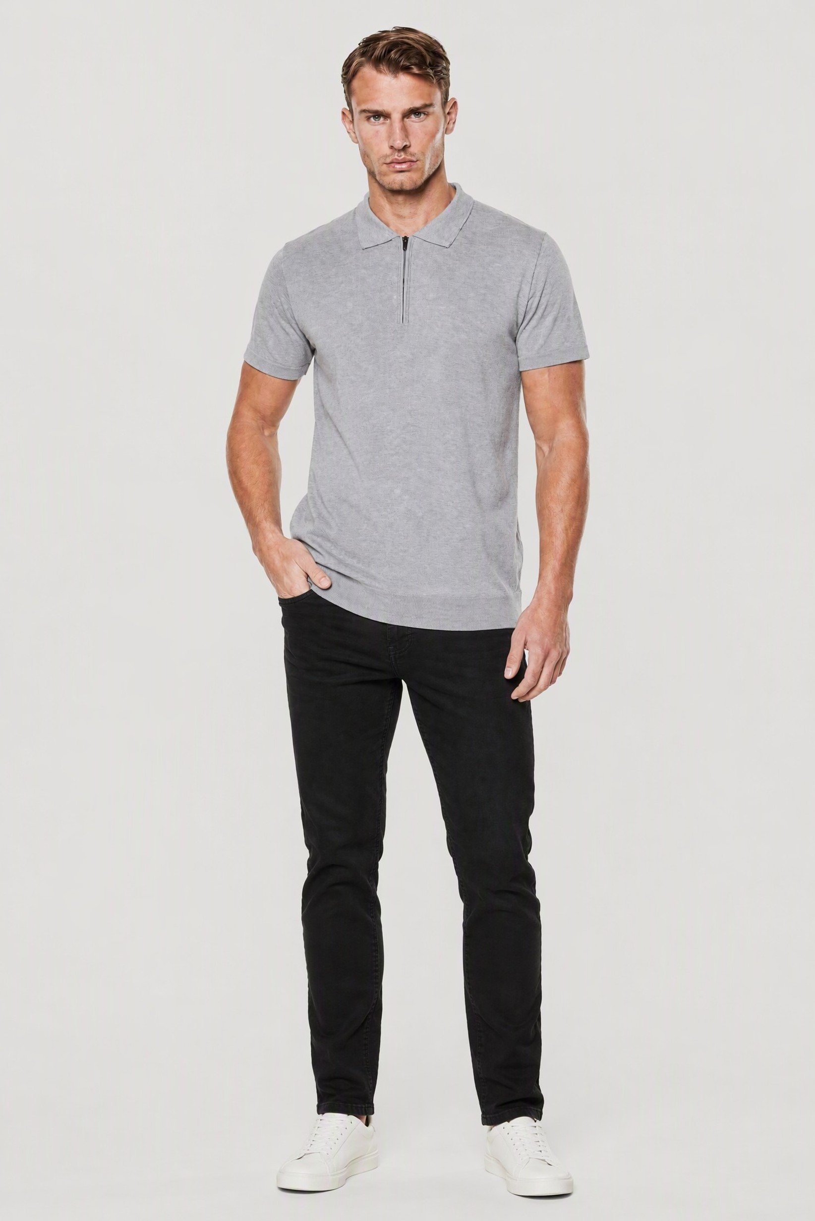 Men Spread Color Textured Polo, Grey