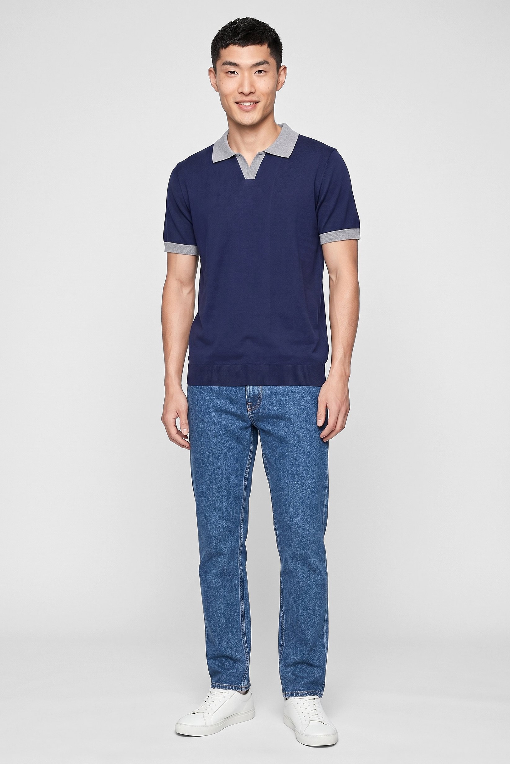 Men Regular Fit Knitted Short Sleeve Polo Shirt, Navy