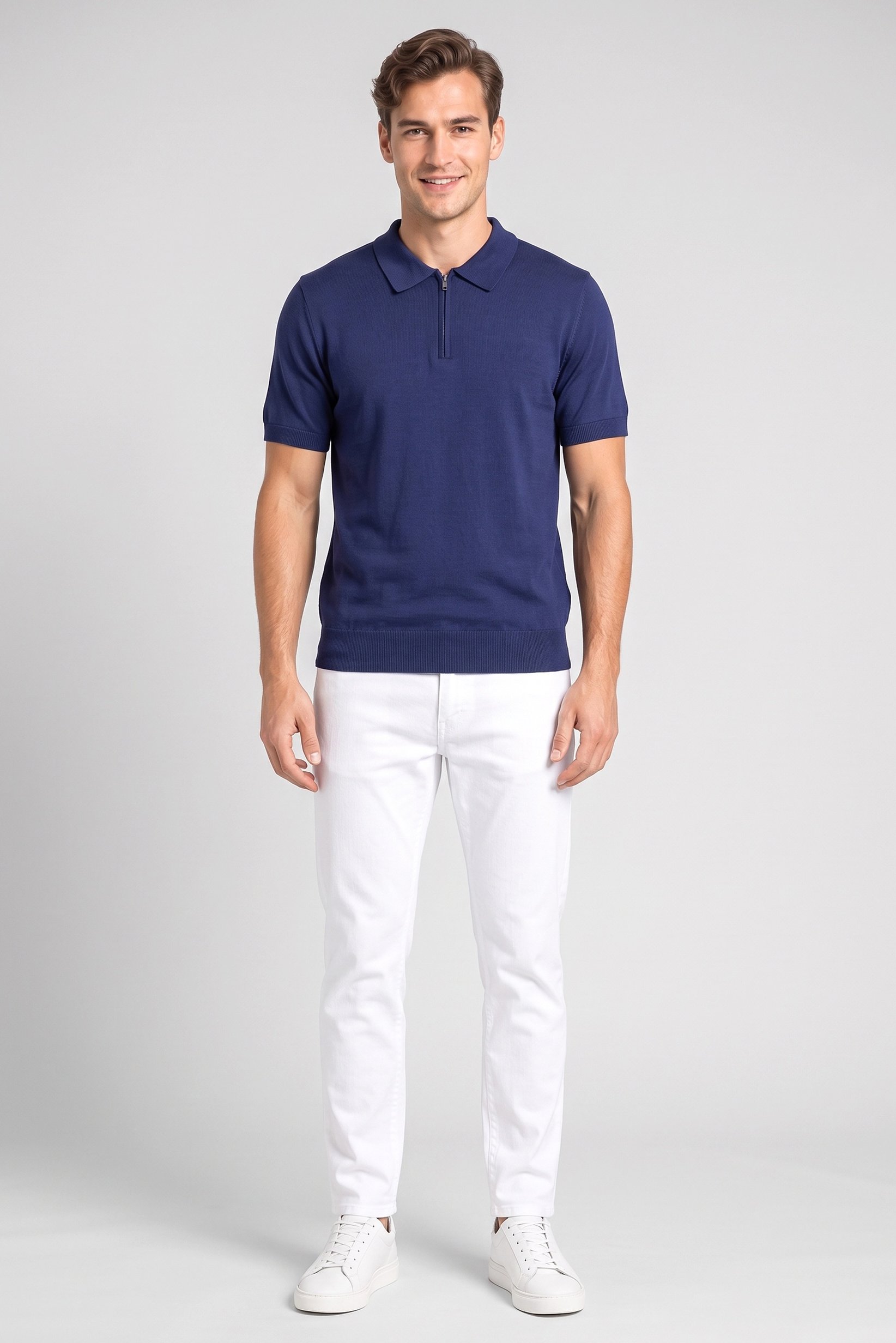 Men Regular Fit Short Sleeve Knitted Polo Shirt, Navy Blue