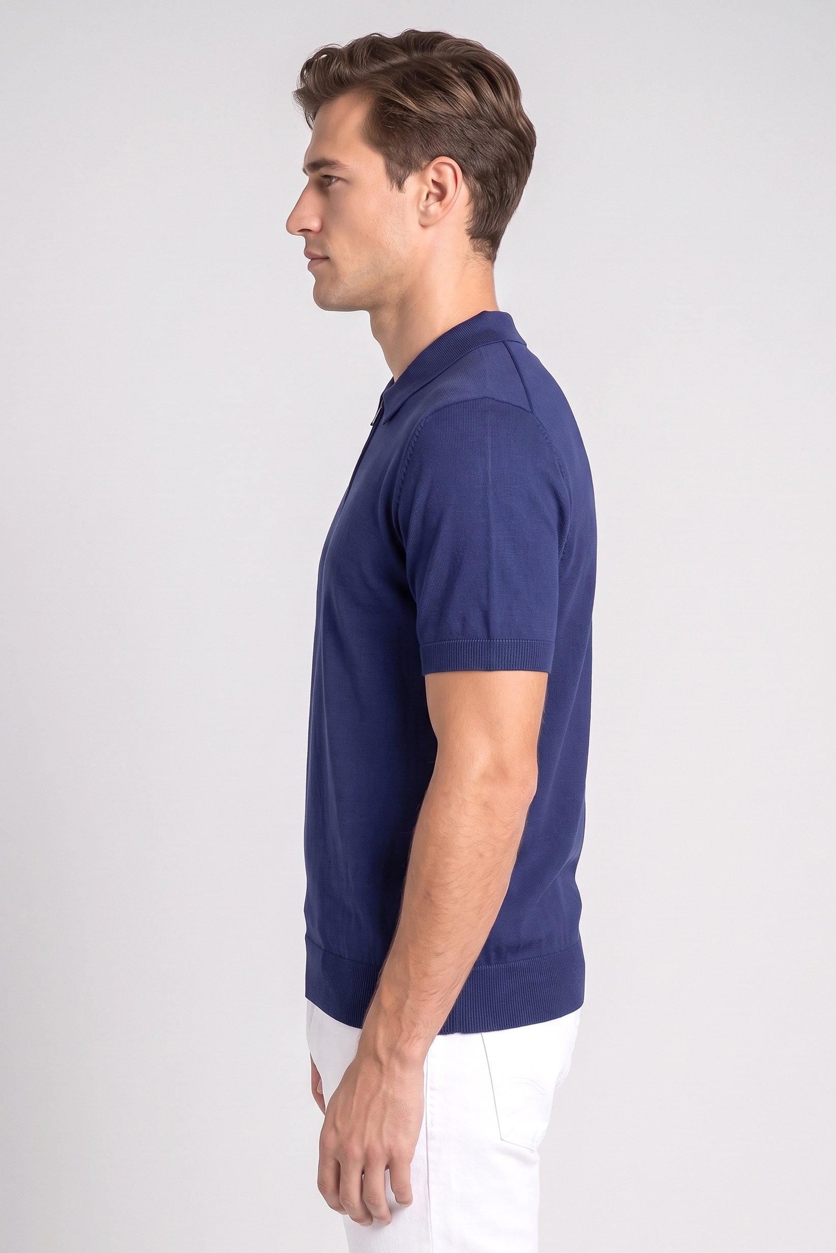 Men Regular Fit Short Sleeve Knitted Polo Shirt, Navy Blue