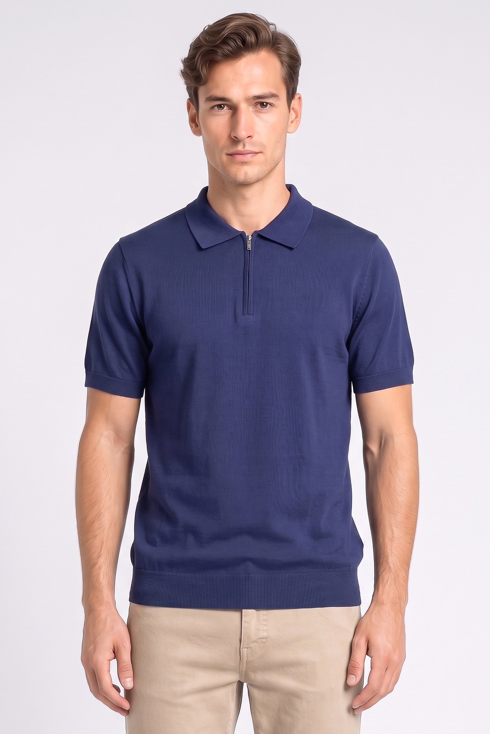 Men Regular Fit Short Sleeve Knitted Polo Shirt, Navy Blue