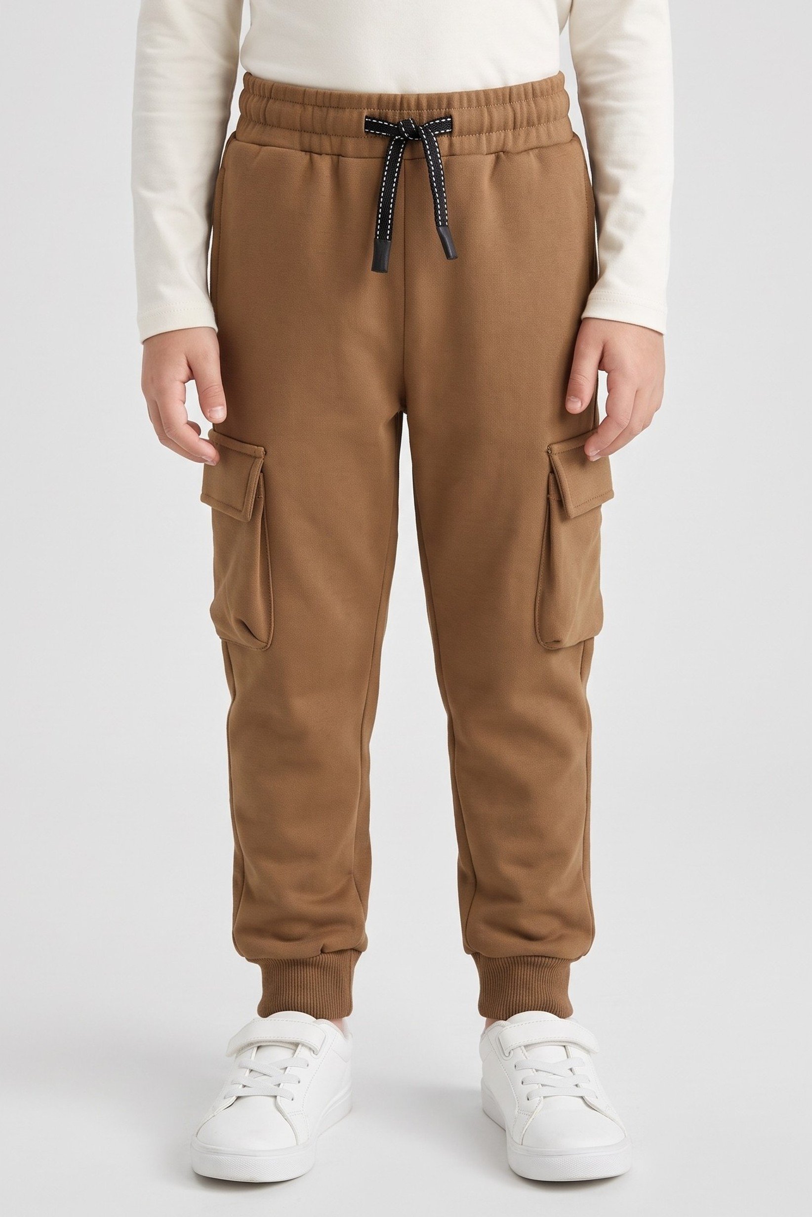 Kids Boy Regular Fit Solid Cargo Pants, Brown