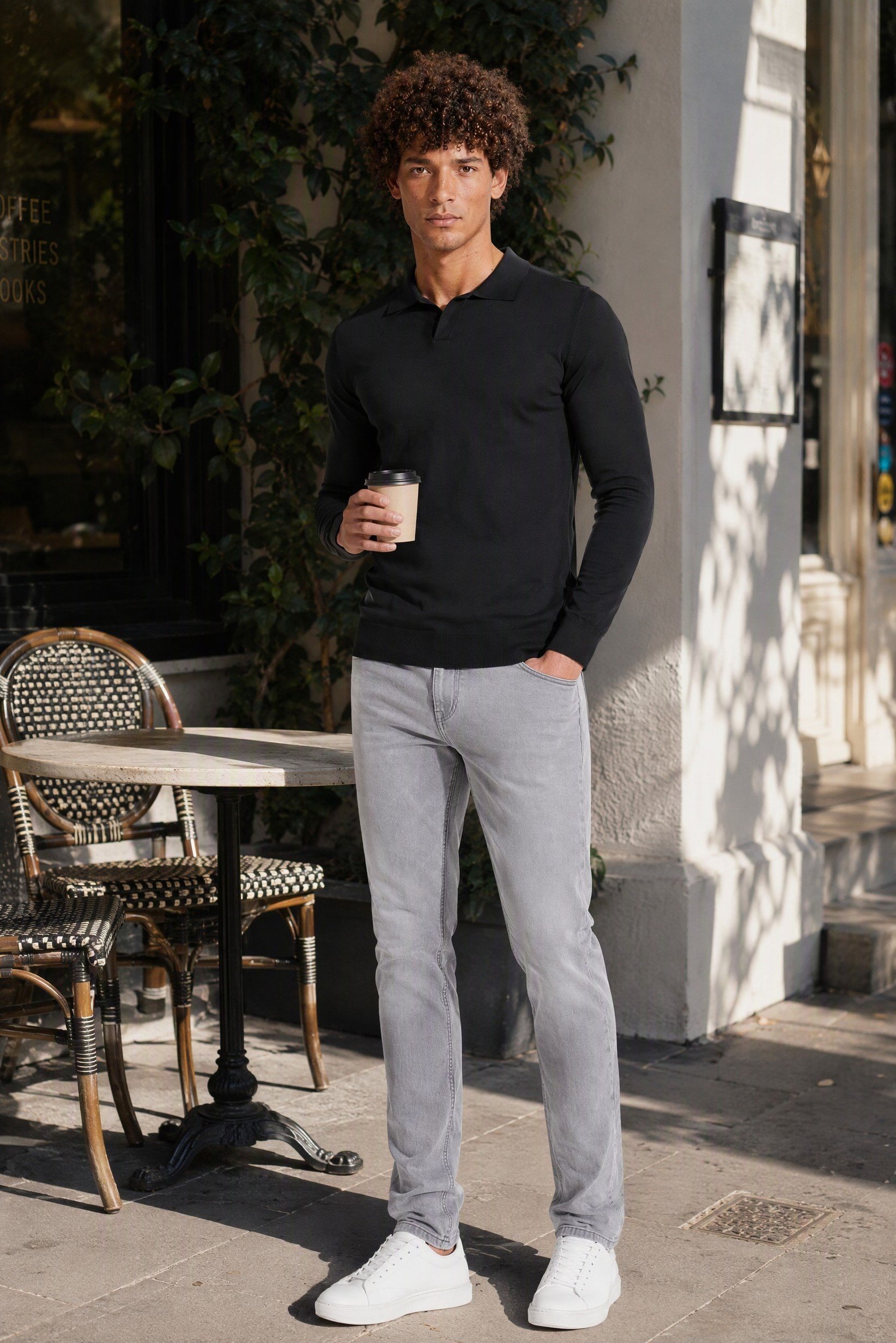 Men Spread Collar Textured Sweater, Black